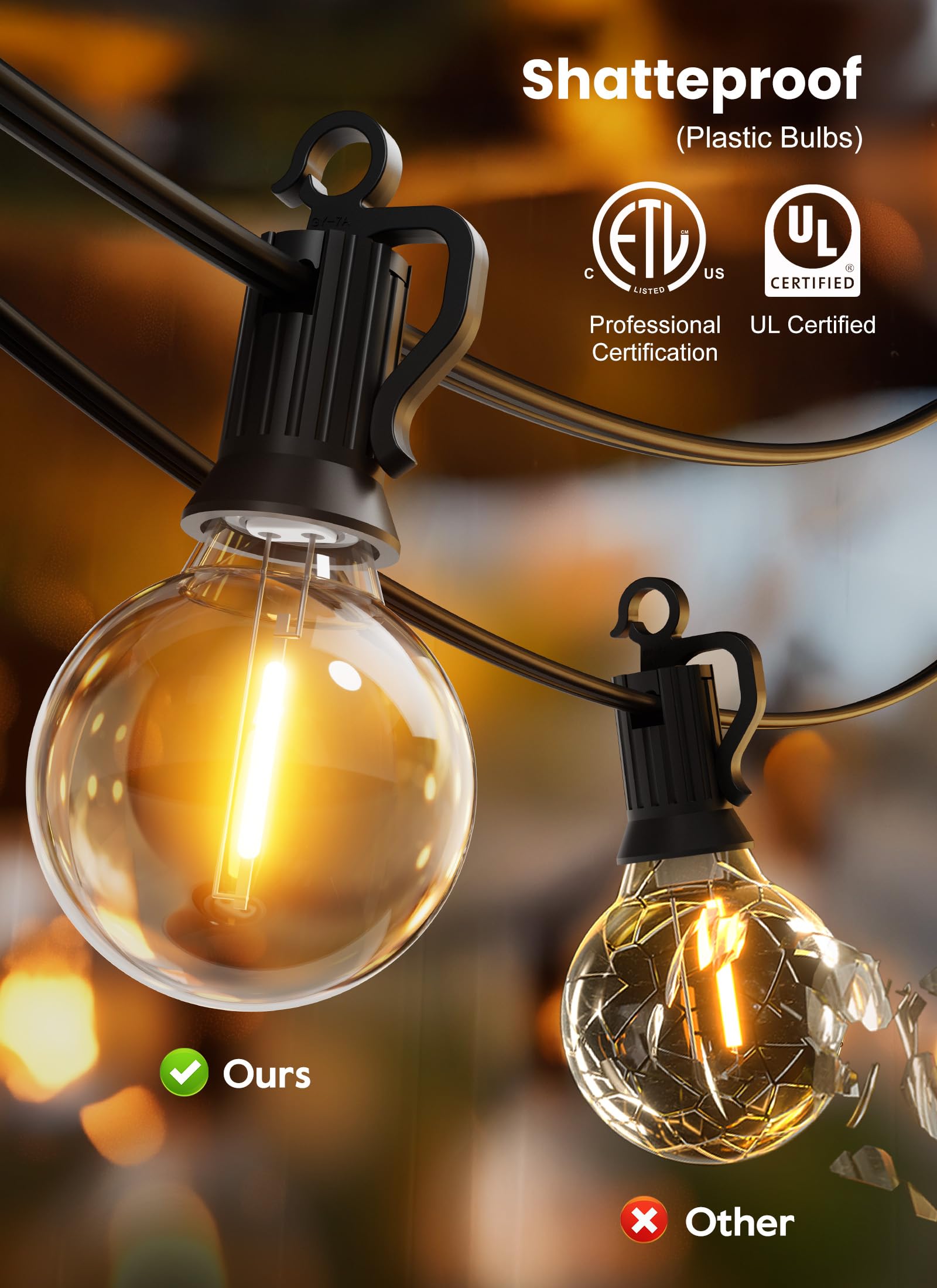 50FT 25 G40 Bulbs Patio Lights, IP65 Waterproof & Dimmable