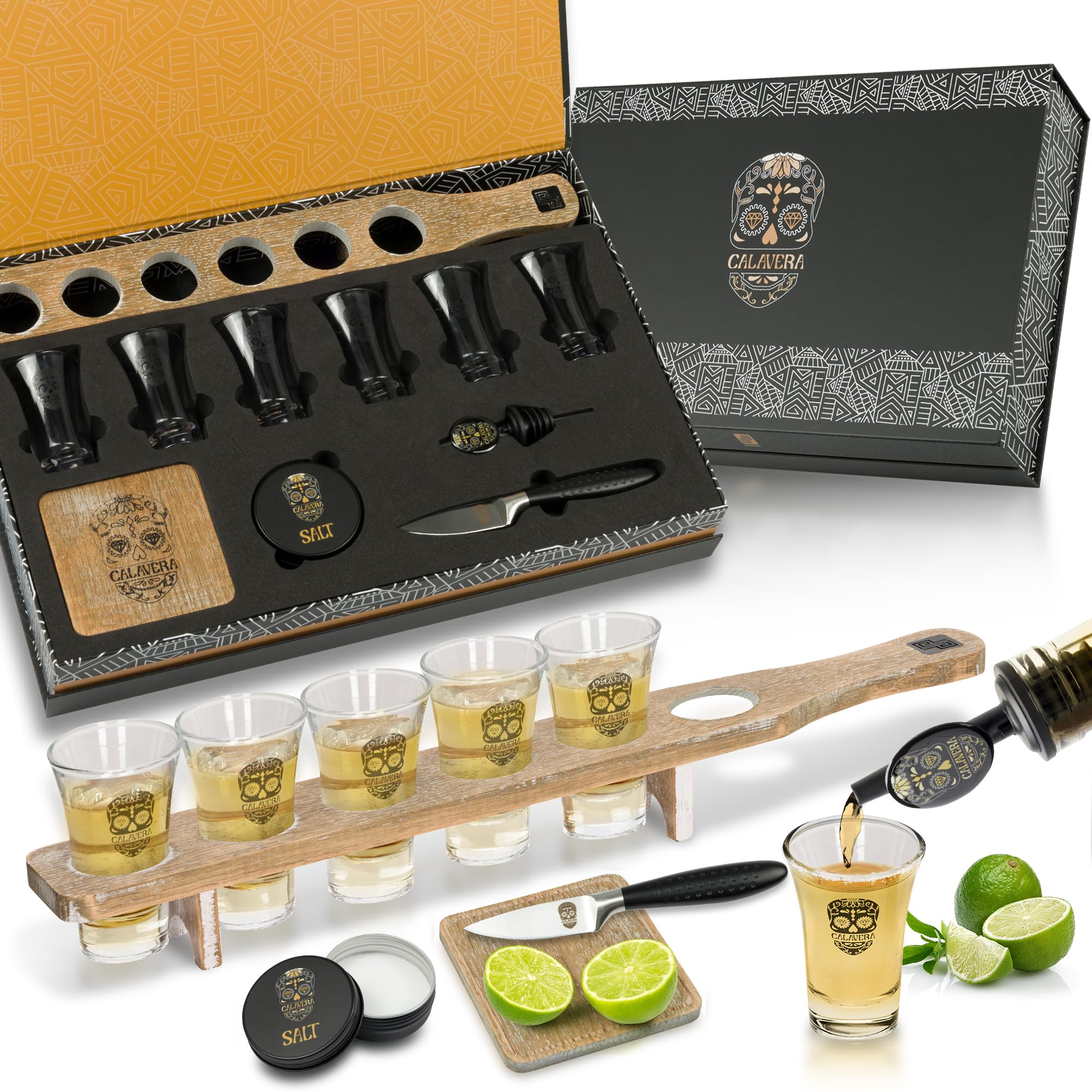 Tequila Shot Board Set - Fine Oak Wood Shot Glass Holder Tray with 6 Tequila Shot Glasses