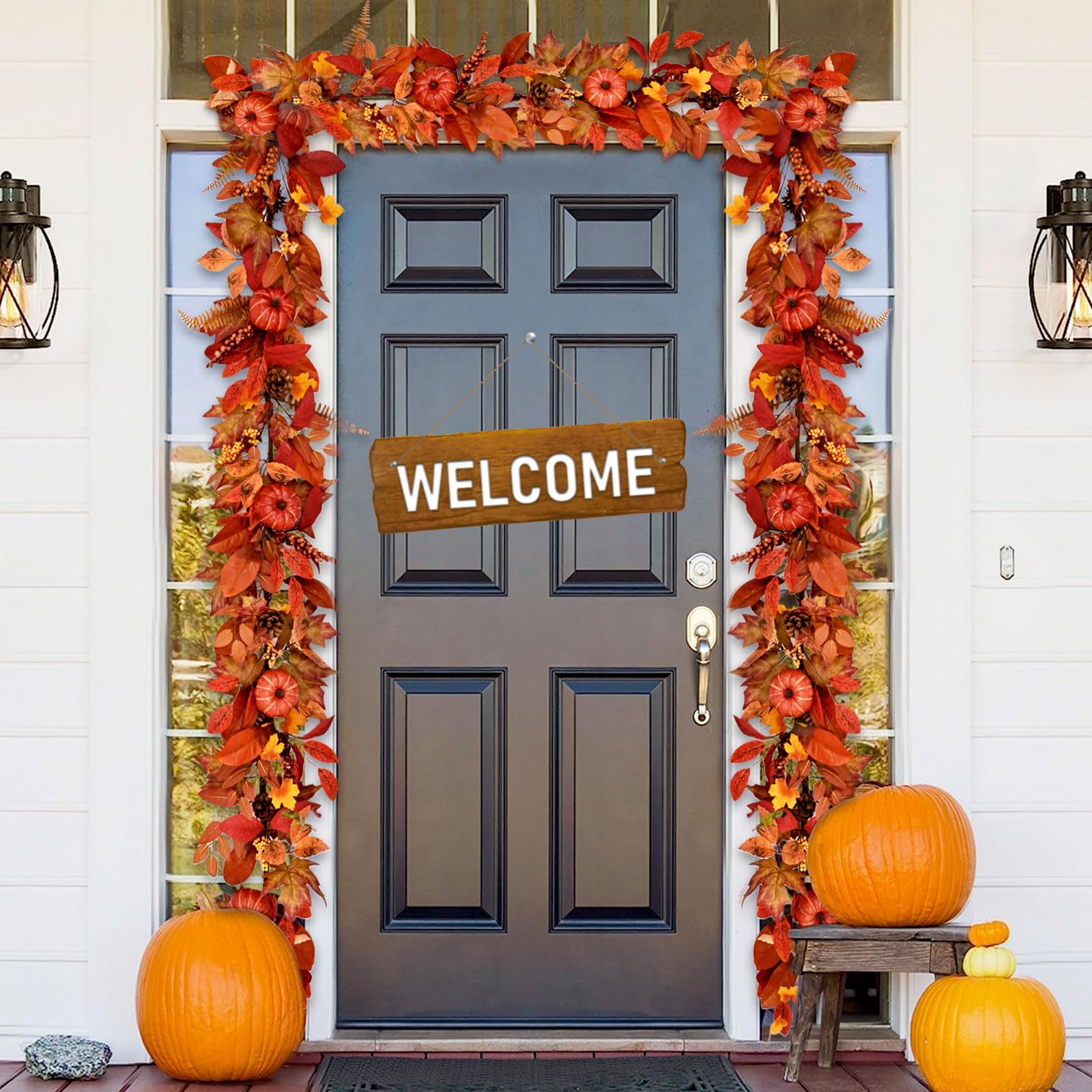 1 Pc 6 FT Fall Garland with Lights, Artificial Autumn Leaves & Pumpkin Vine