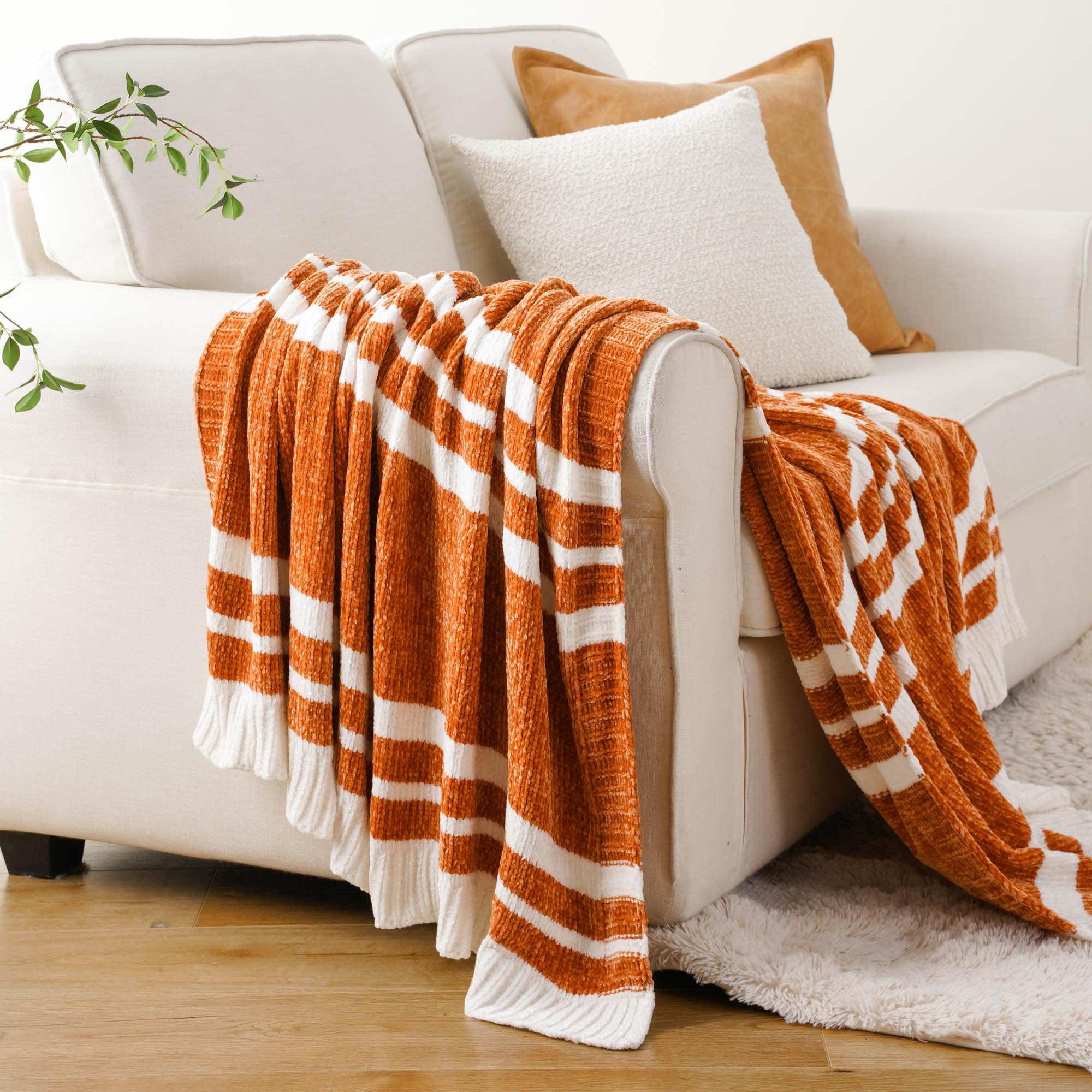 Burnt Orange & White Striped Throw Blanket for Couch, Chenille Knit Blanket