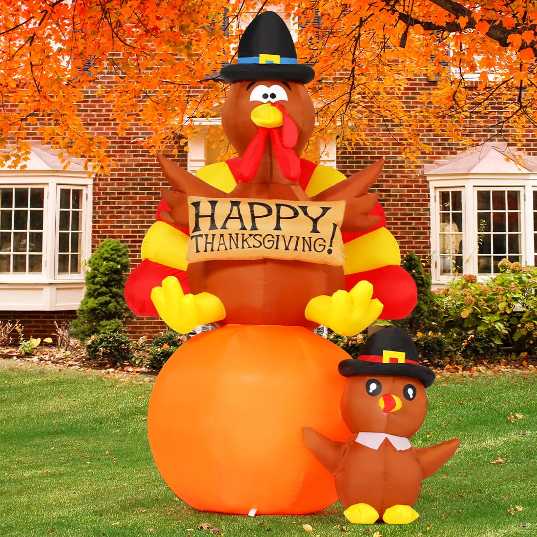 6 FT Thanksgiving Inflatable Turkey, Pumpkin & Turkey Baby