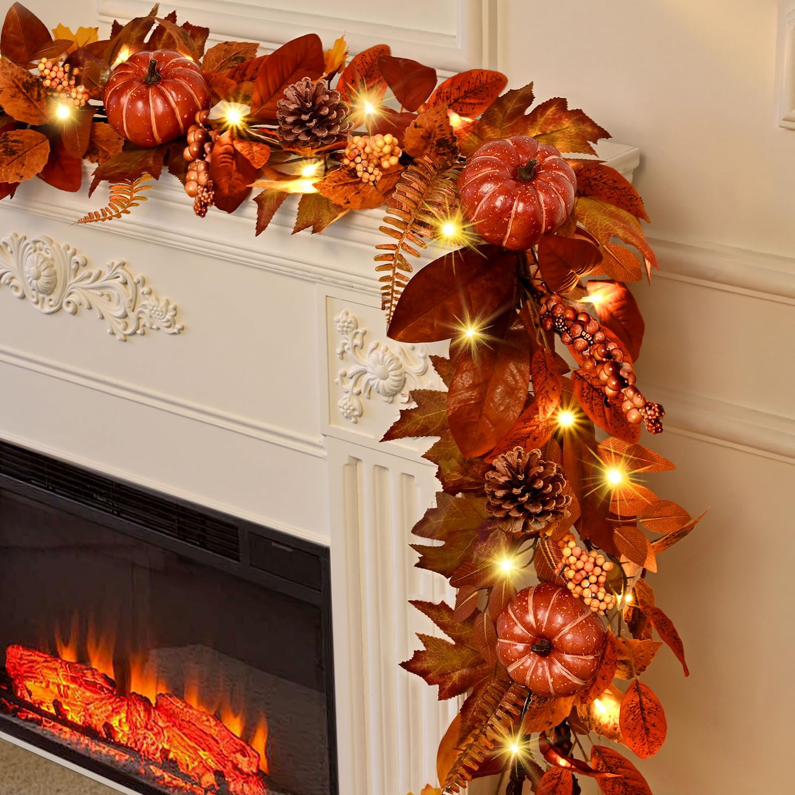 1 Pc 6 FT Fall Garland with Lights, Artificial Autumn Leaves & Pumpkin Vine
