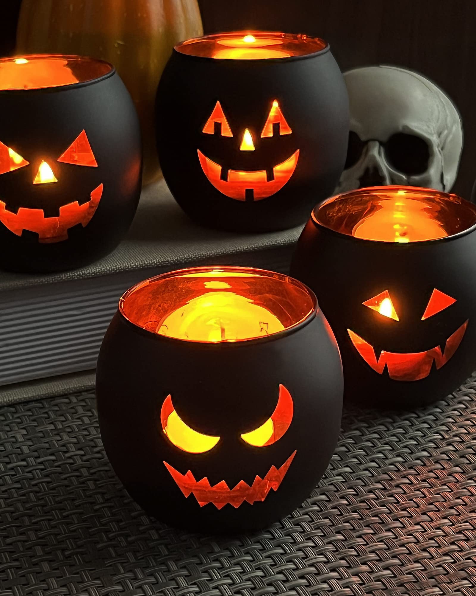 Set of 6 Jack O Lanterns Black Glass Votive Candle Holders