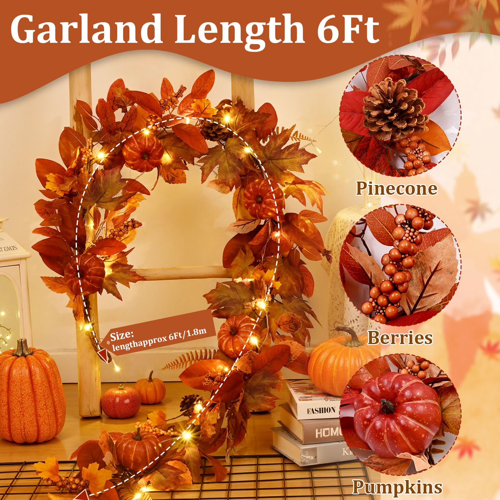 1 Pc 6 FT Fall Garland with Lights, Artificial Autumn Leaves & Pumpkin Vine