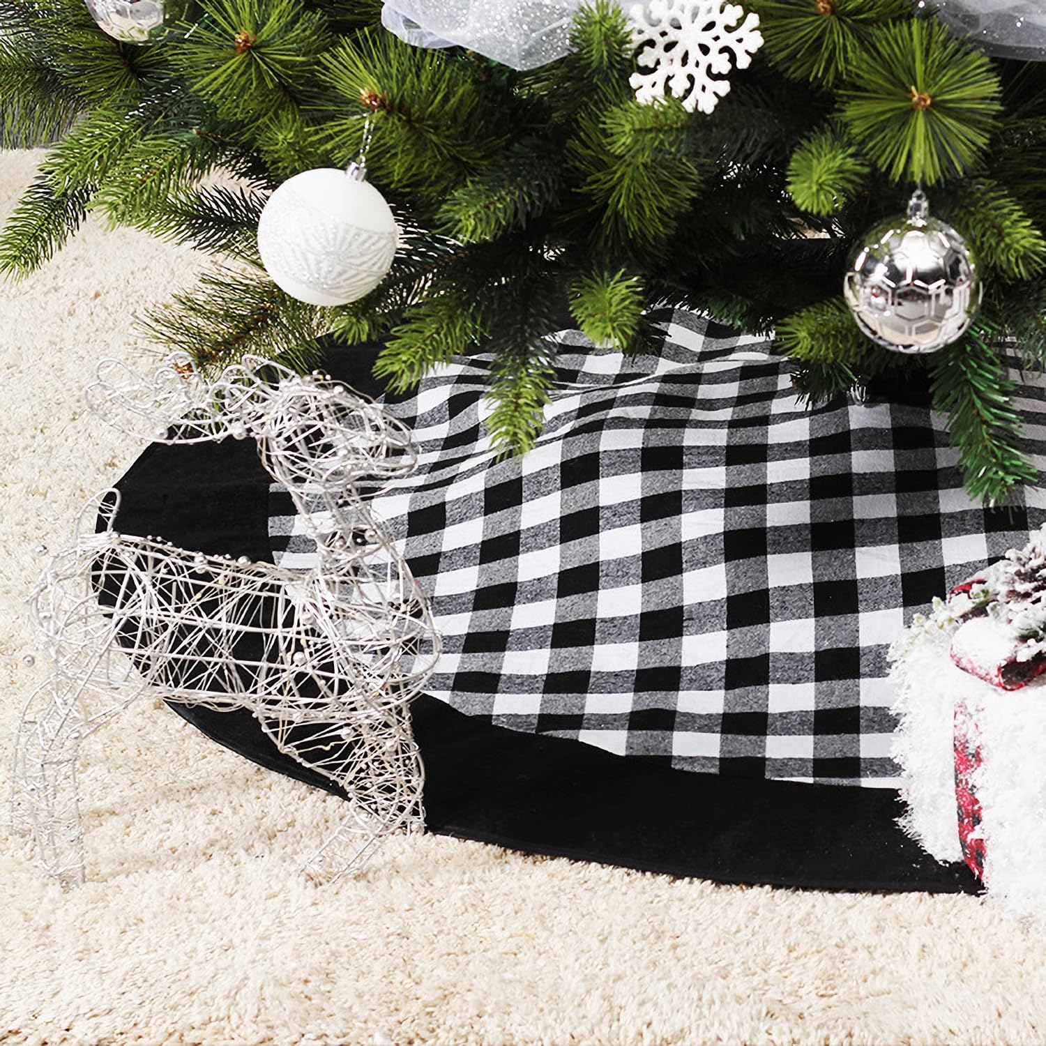 Medoore Black and White Buffalo Plaid Check Christmas Tree Skirt 48 inches, Country Xmas Tree Decorations Tree Skirts Double Layers Holiday Ornaments