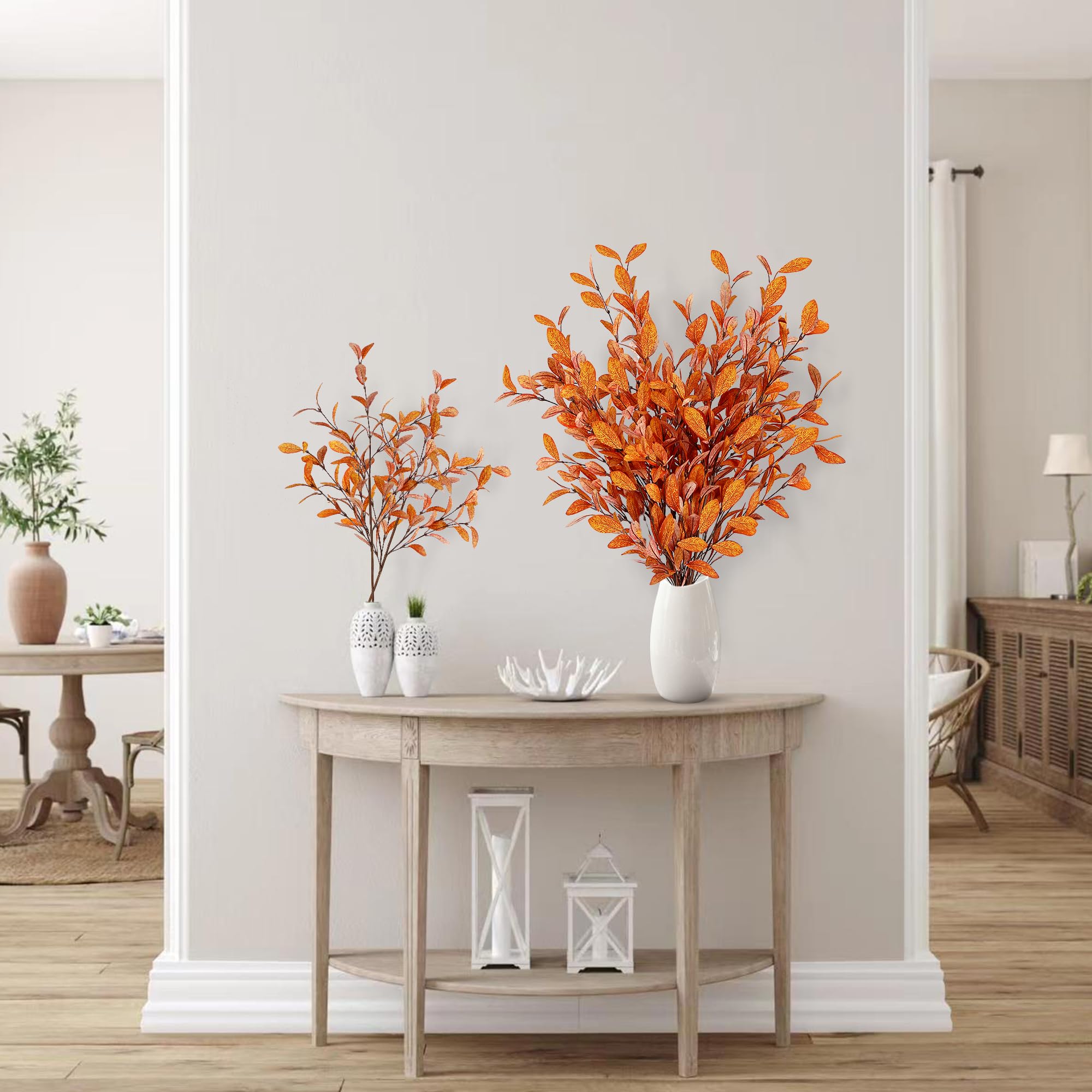 6 Pcs Orange Artificial Fall Eucalyptus Stems Silk Autumn Leaf Branches