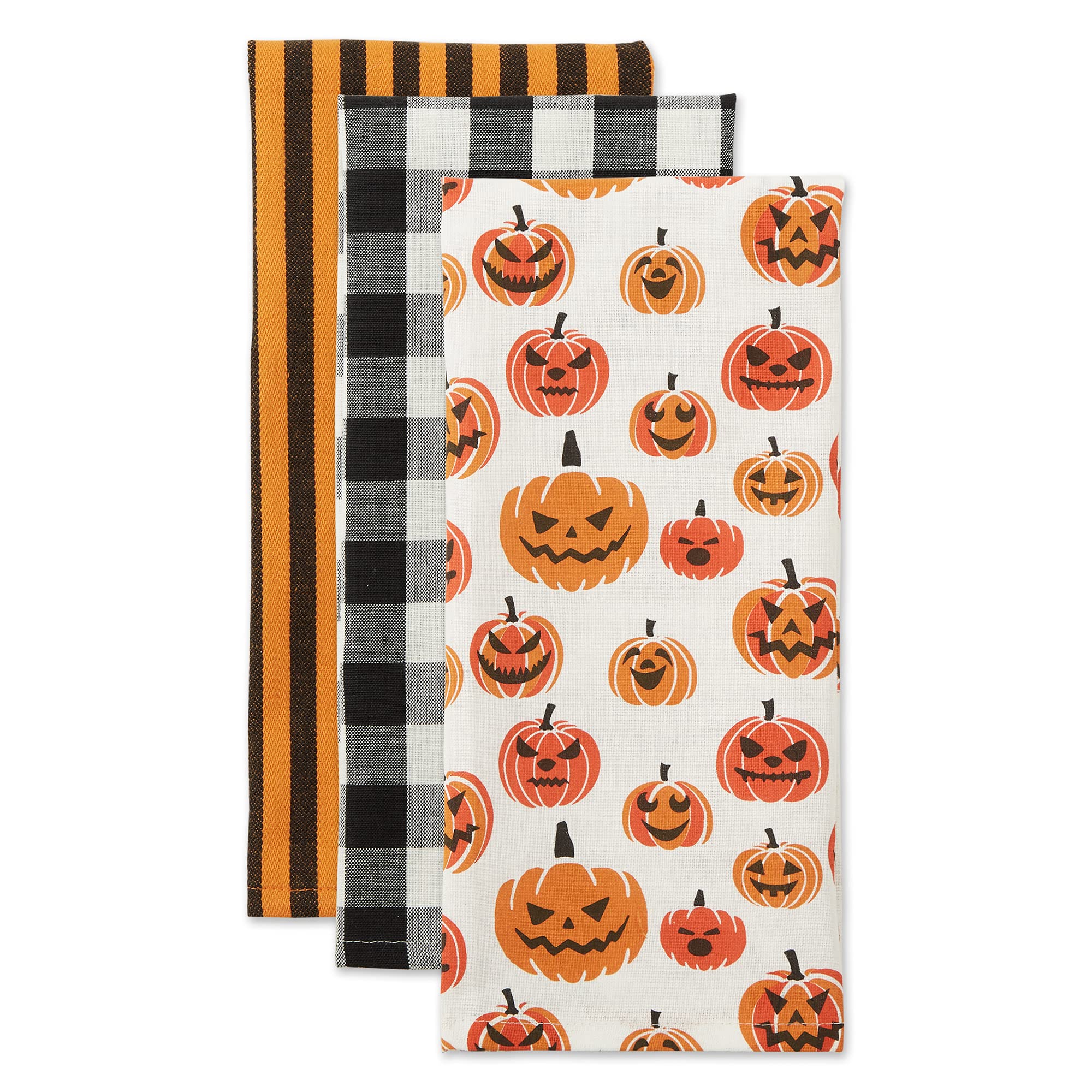 Halloween Hand Towels for The Kitchen, Black & White Buffalo Check/Orange Stripes, 3 Count