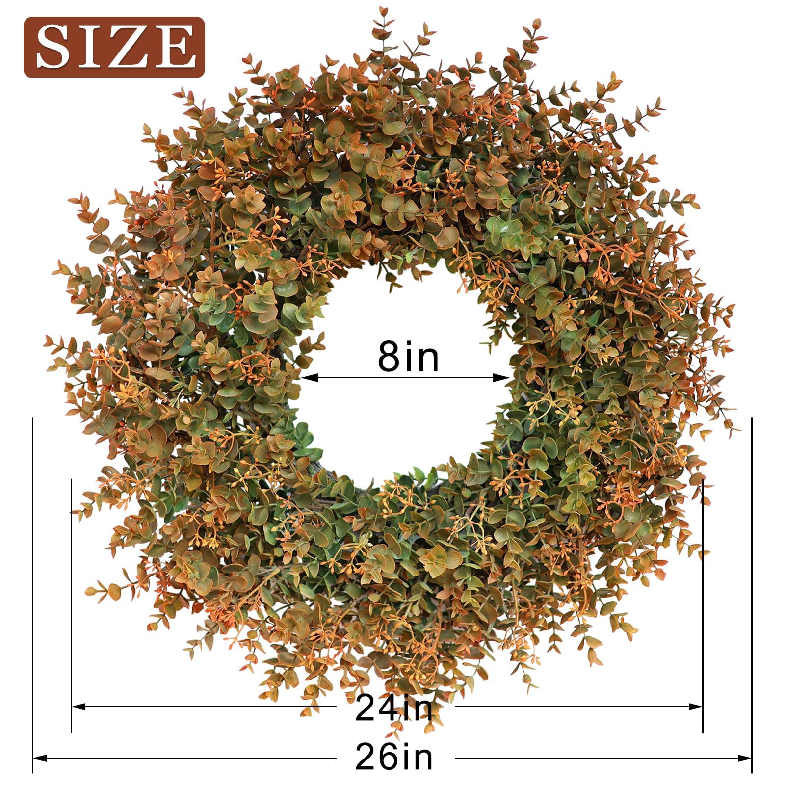 Artificial eucalyptus wreath with dimensions on a white background