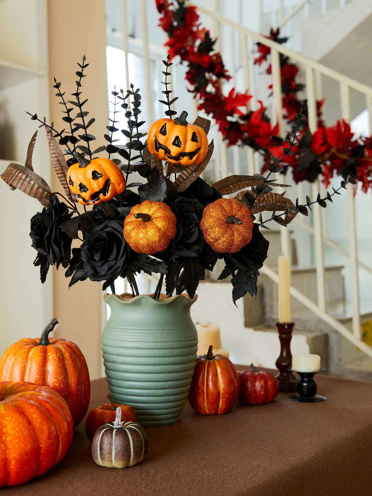 10PCS Halloween Decor Artificial Flowers Black Roses with Pumpkins