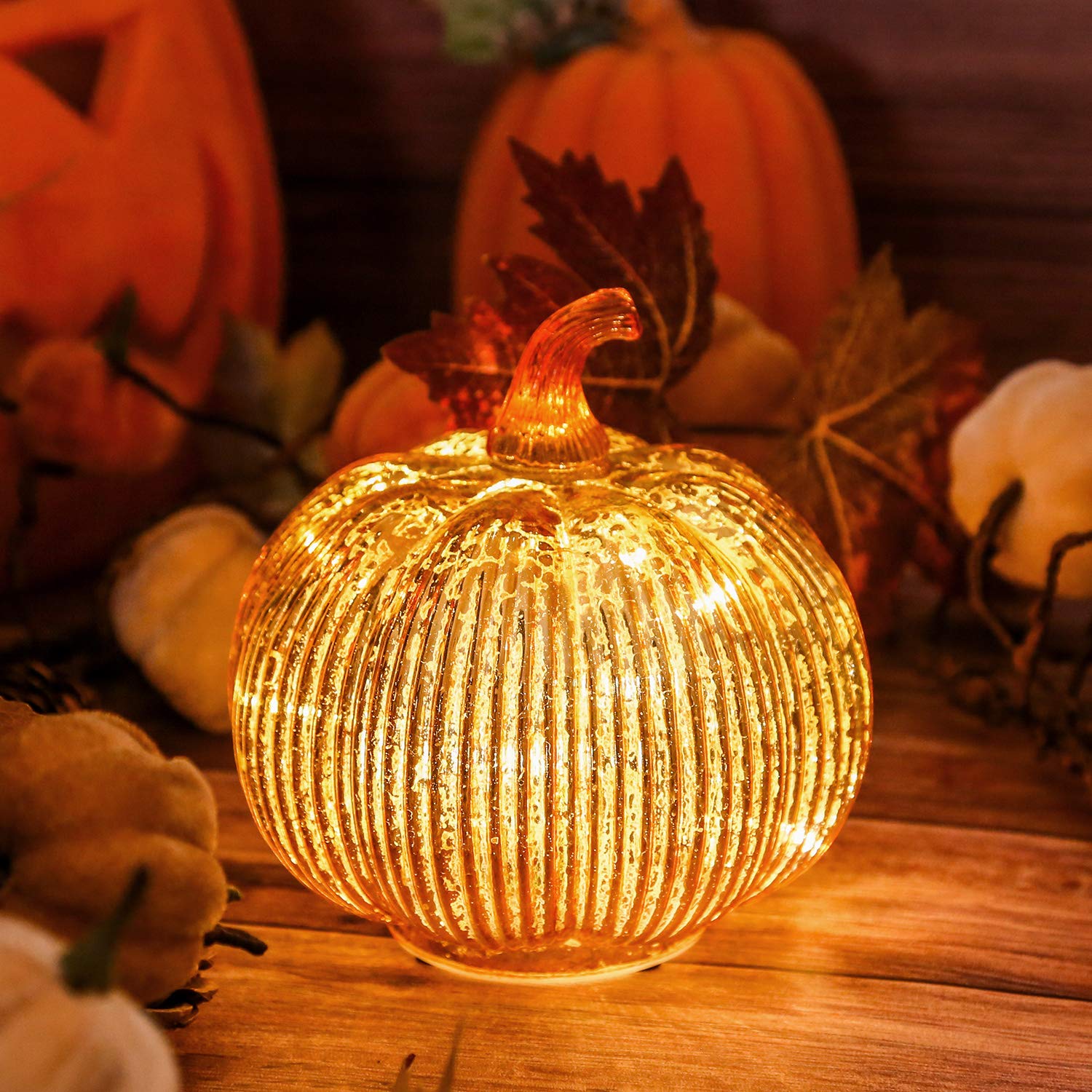 Mercury Glass Light up Pumpkin with Timer (Gold)