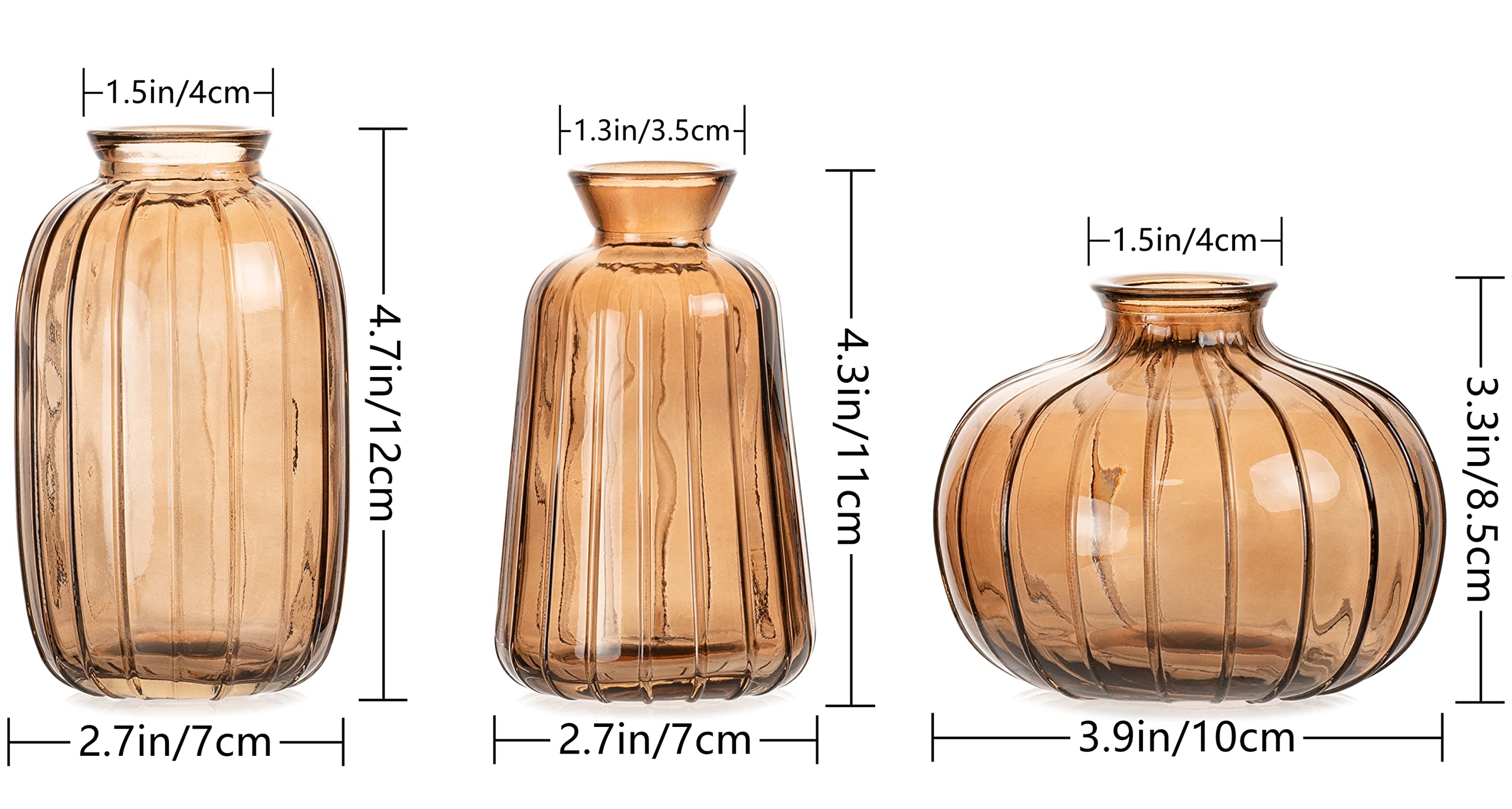 Set of 3 Small Vase Mini Glass Vase (Brown)