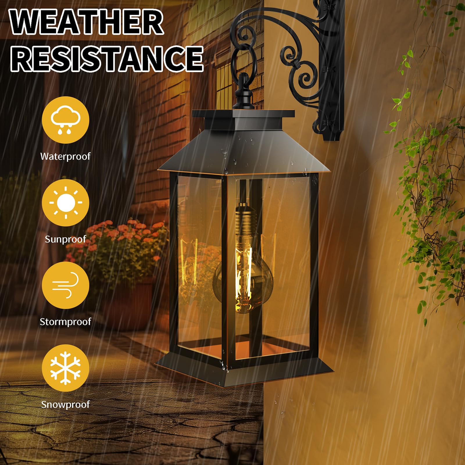 Outdoor wall light fixture with weather resistance features in a rain scene
