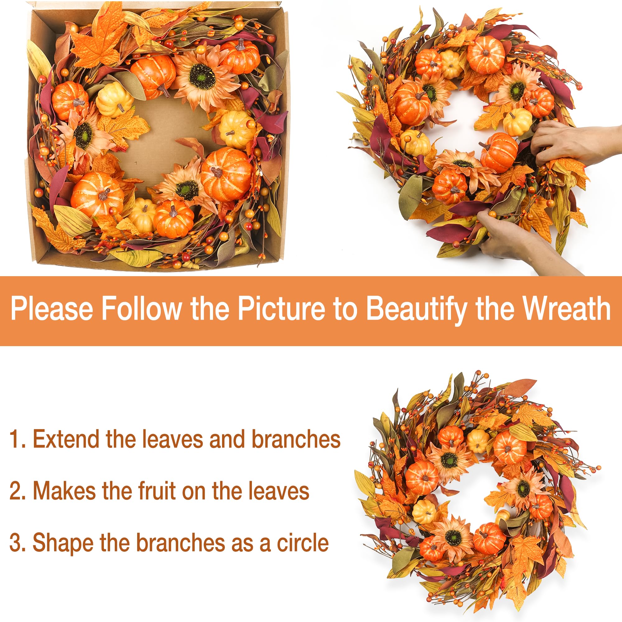 22 Inch Autumn Wreath with Berry, Pumpkin & Maple Leaves Indoor/Outdoor