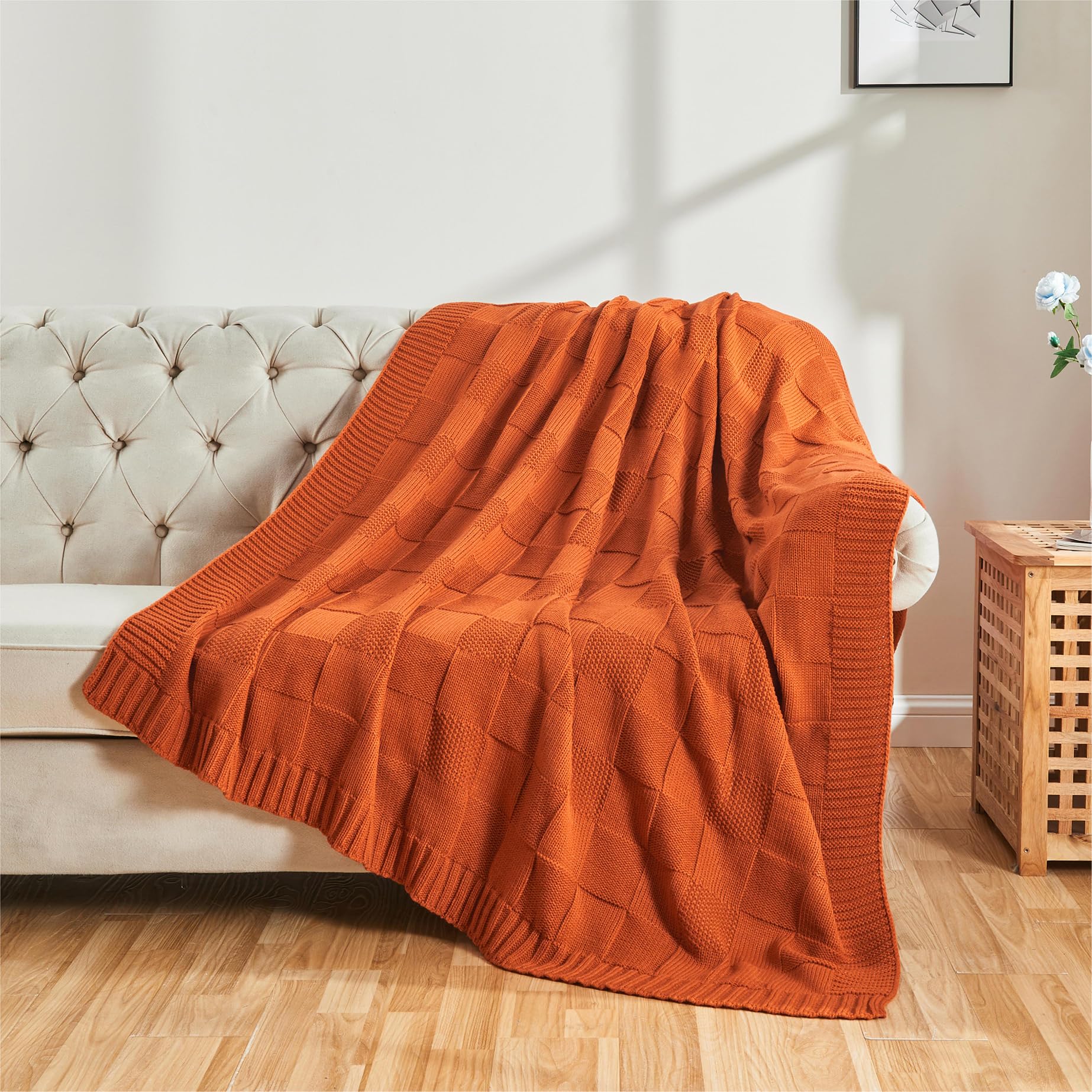 Knit Orange Checkered Throw Blanket for Fall 50"X60", Rust Orange