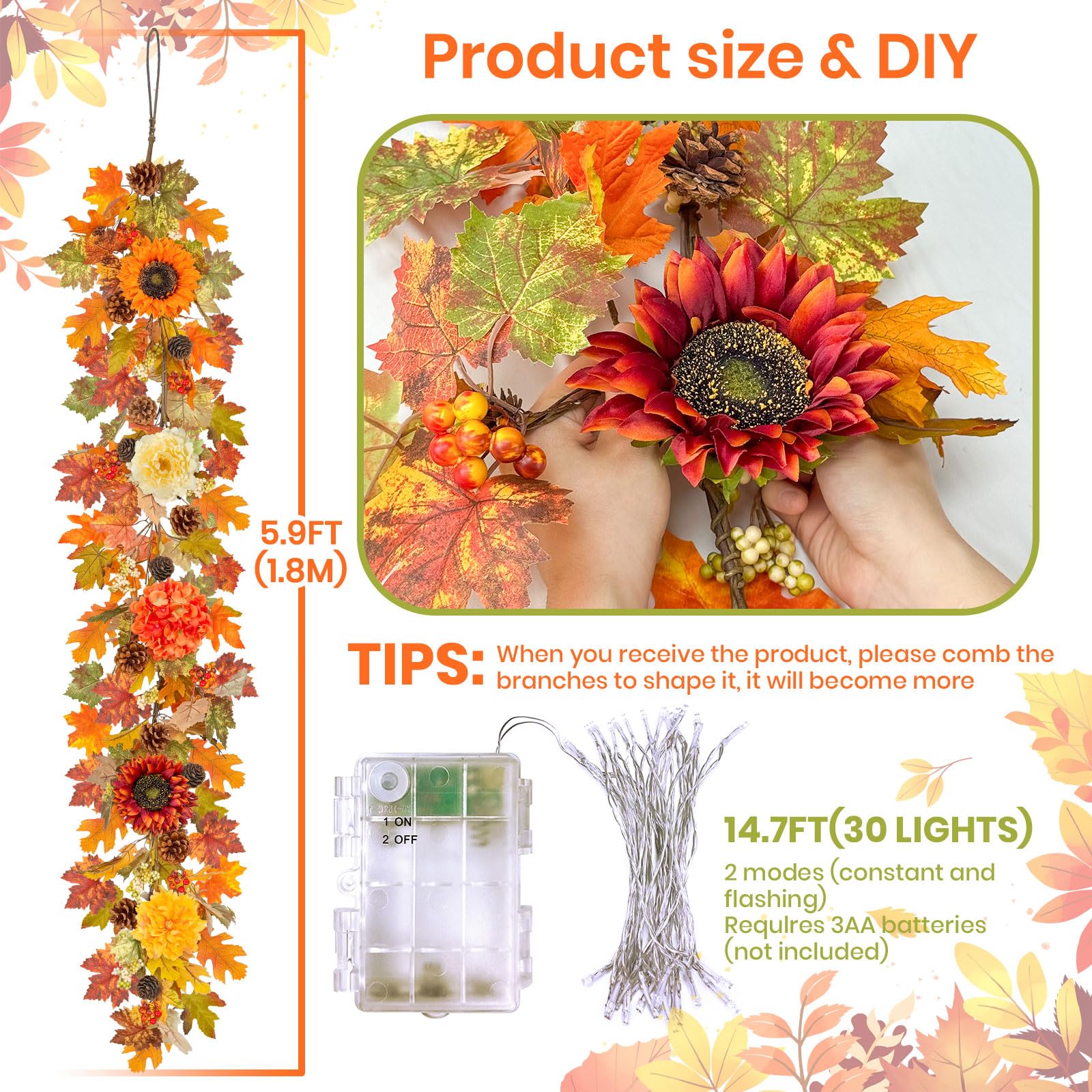 6ft Fall Garland with Lights, Sunflower, Hydrangea, Fall Leaves Indoor/Outdoor