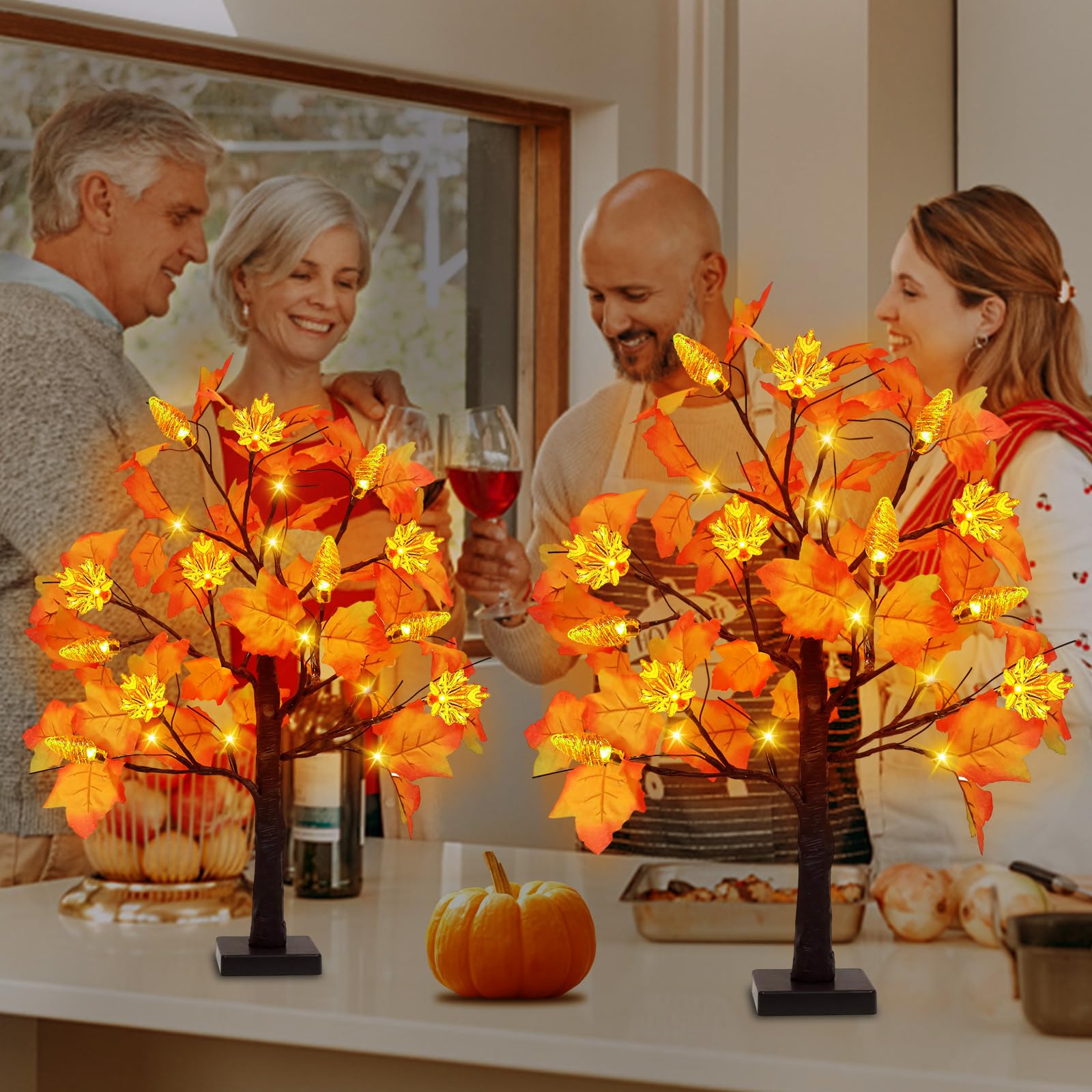 2 Pack Fall Maple Tree Decor with 48 LED Lights Battery Operated