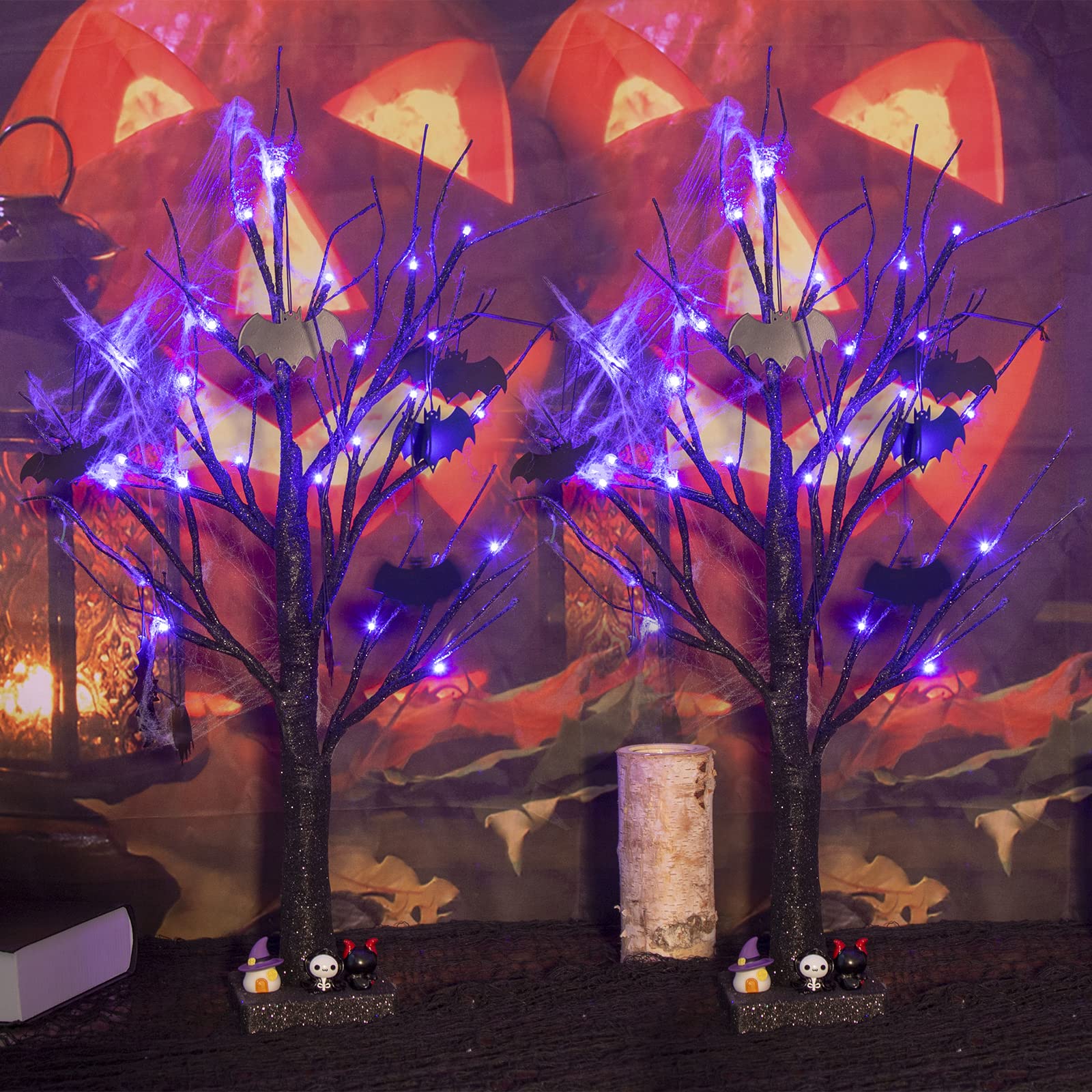 Set of two 2FT Black Halloween Tree with Purple Lights and Bat Ornaments