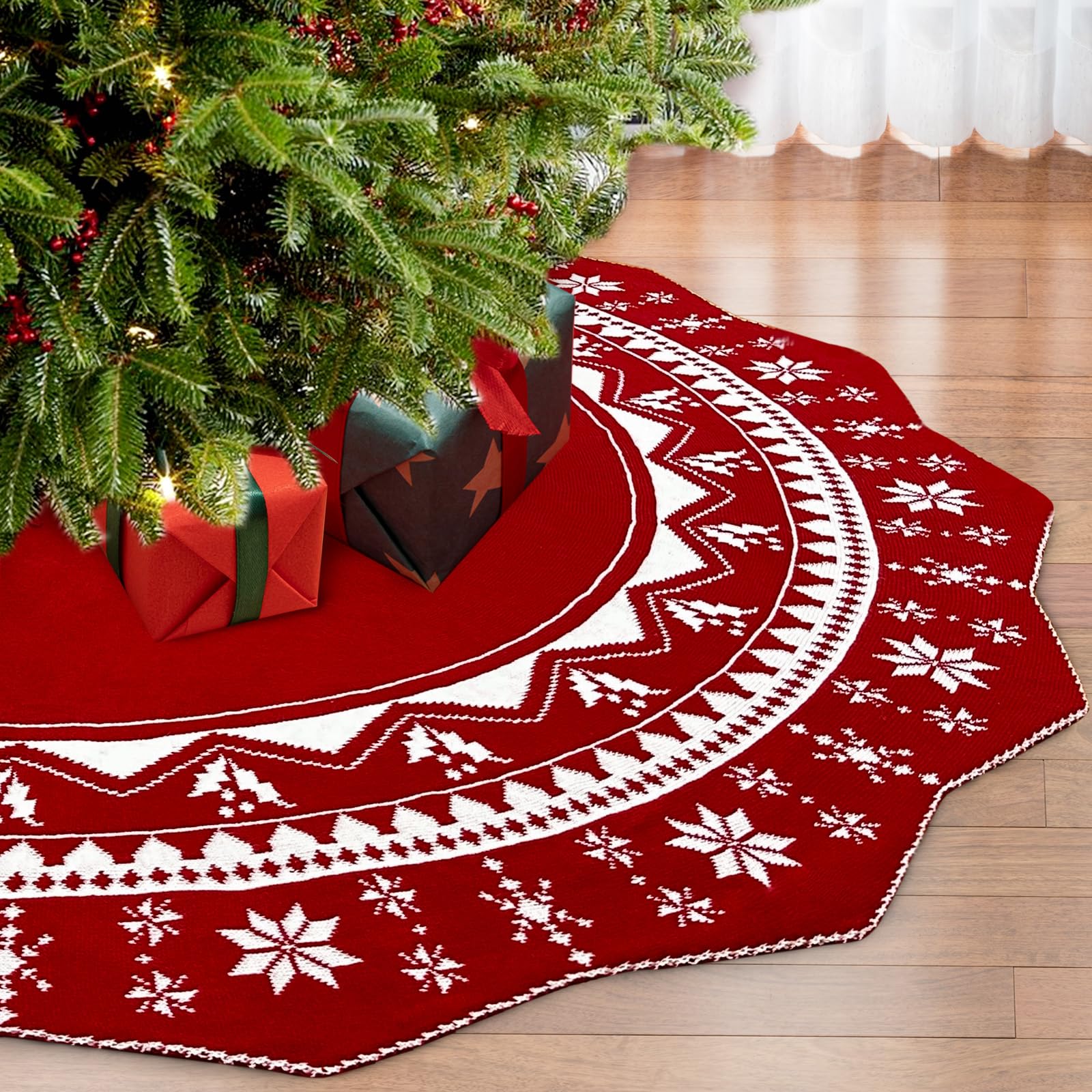 60 Inch Knit Red Poinsettia Pattern Christmas Tree Skirt