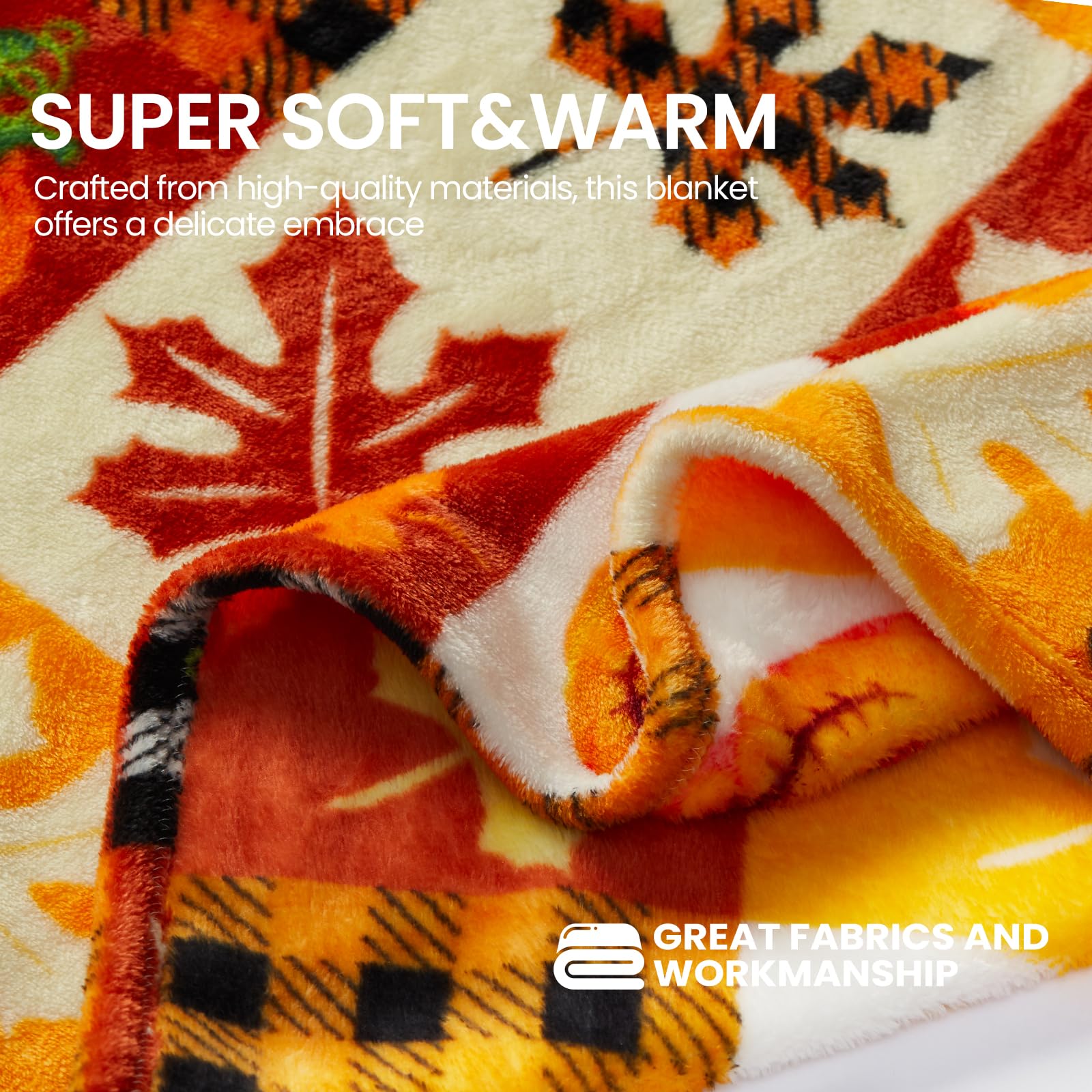 Folded blanket with autumn leaf pattern and text about softness and warmth.