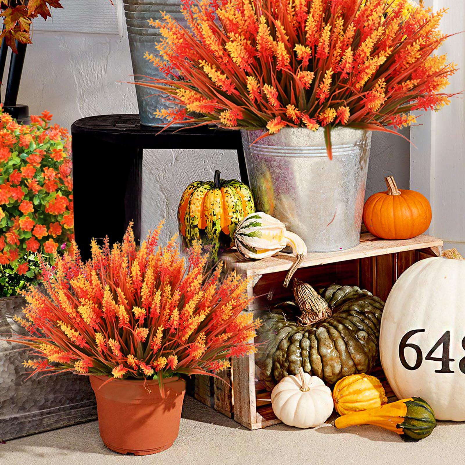 20 Bundles Orange UV Resistant Faux Mums for Outdoor Planters