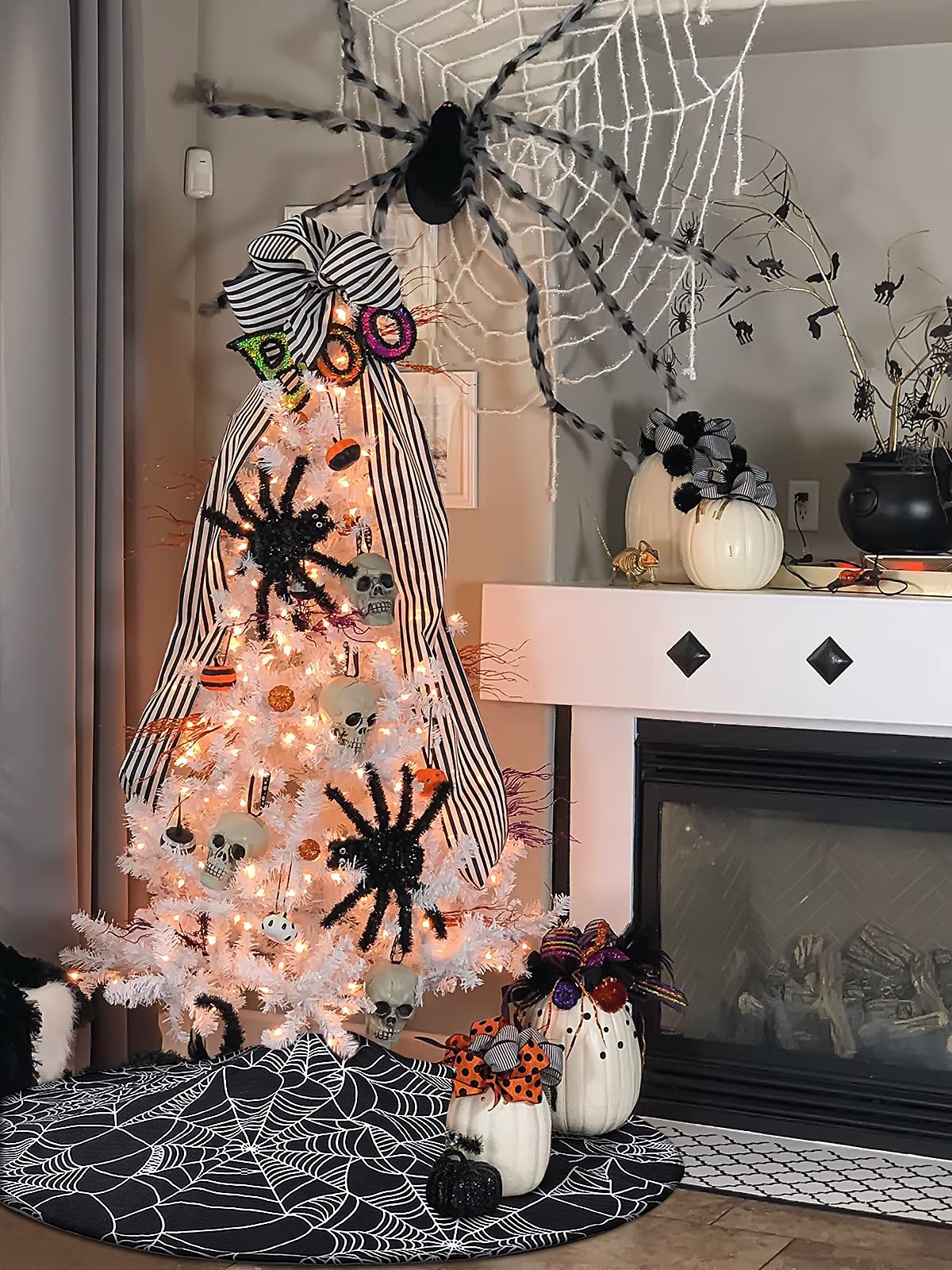 48” Spider Web Tree Skirt,  Black Halloween Tree Skirt for 6-7.5 ft Tree