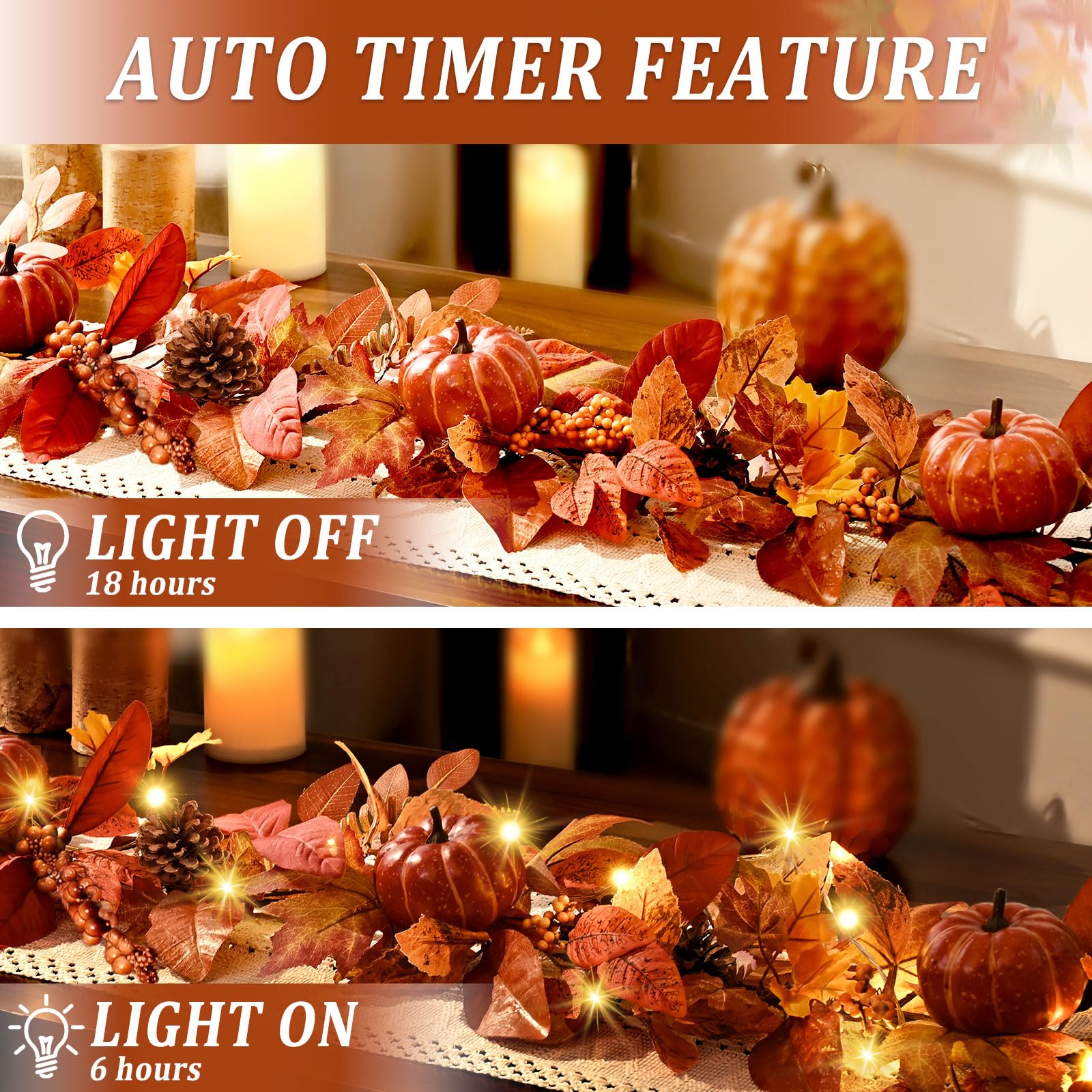 1 Pc 6 FT Fall Garland with Lights, Artificial Autumn Leaves & Pumpkin Vine