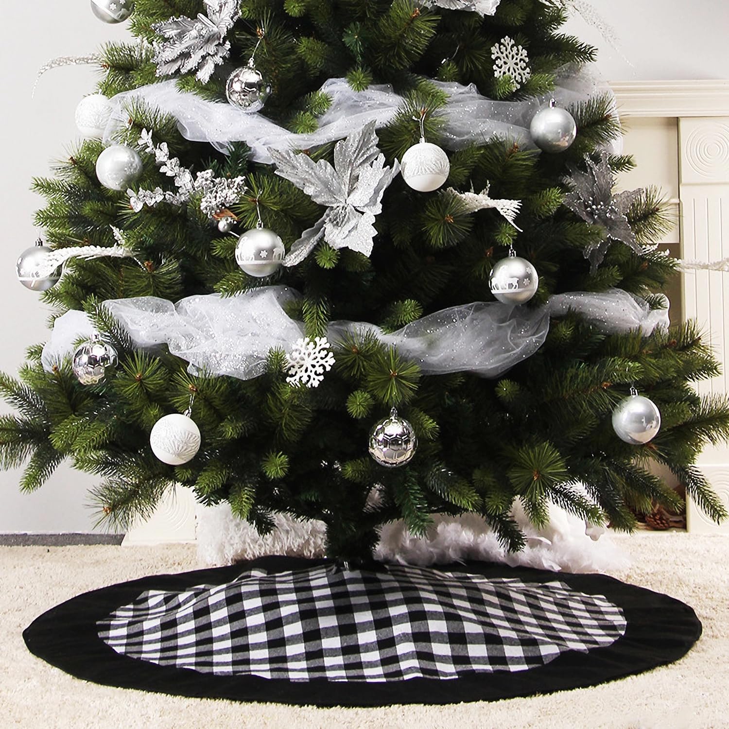 Medoore Black and White Buffalo Plaid Check Christmas Tree Skirt 48 inches, Country Xmas Tree Decorations Tree Skirts Double Layers Holiday Ornaments