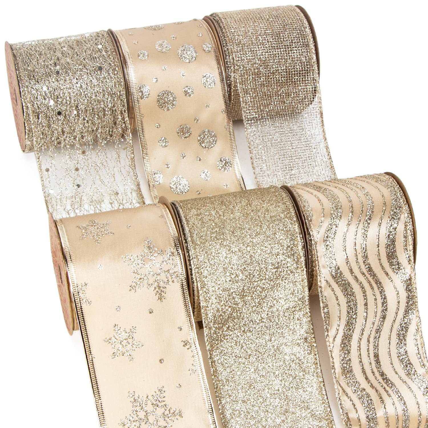 6 Rolls 2.5" Champagne Gold Christmas Tree Ribbon, 36 Yards Total