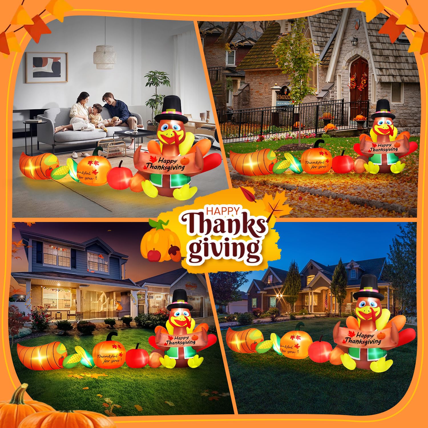 12FT Long Thanksgiving Inflatable Turkey with Pumpkins & Corn