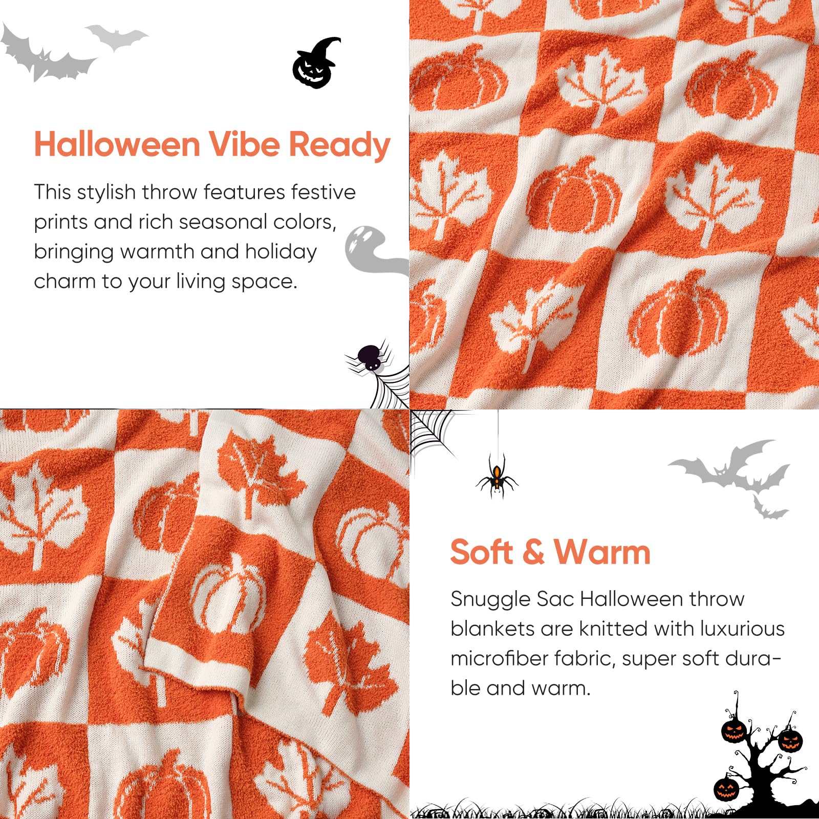 Halloween-themed throw blanket with pumpkins and leaves on a checkered pattern.