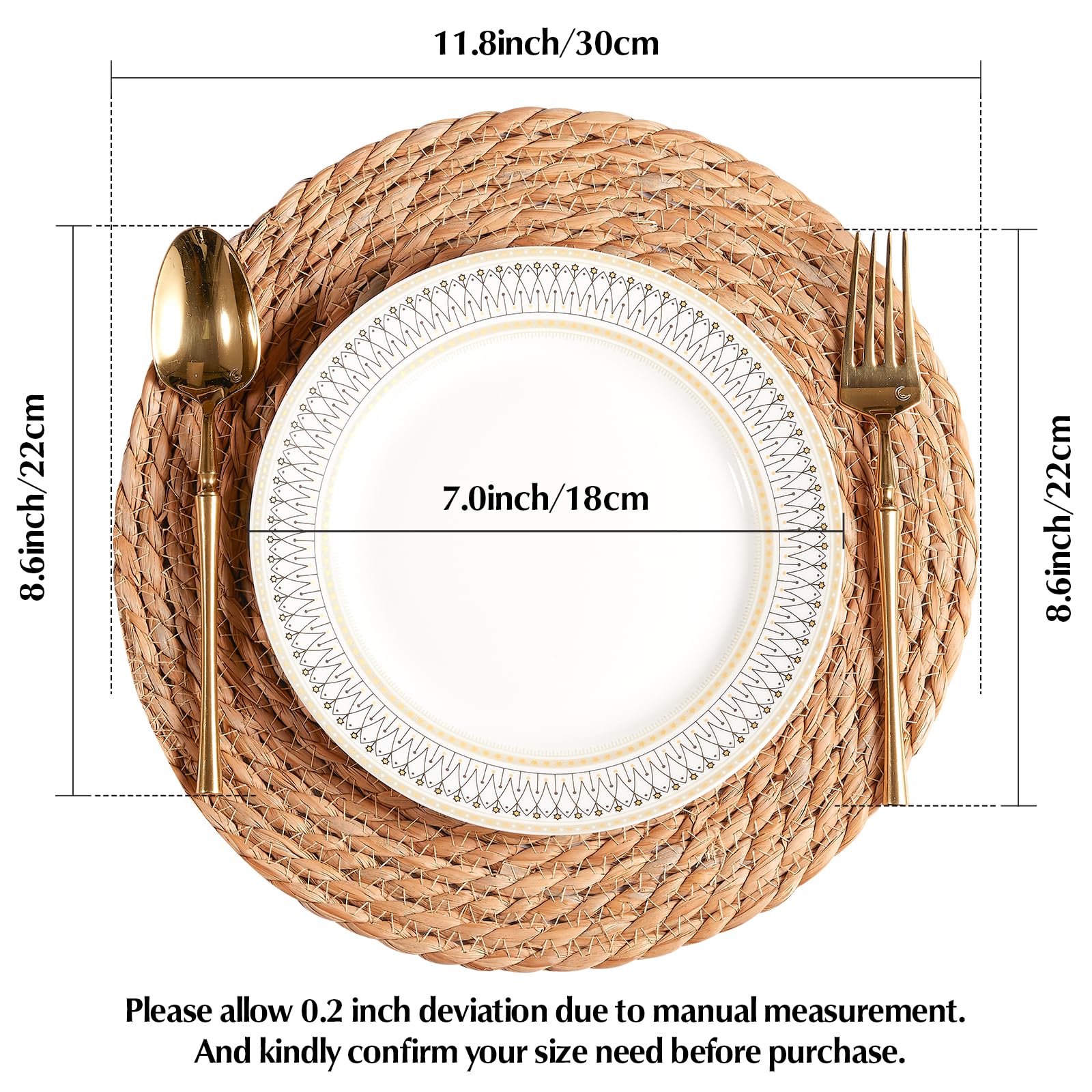 Round Woven Placemats Set of 10, 12" Boho Rattan Placemats Natural Hand-Woven Water Hyacinth Placemats, Farmhouse Weave Place Mats, Rustic Braided Wicker Table Mats for Dining Table,Home,Wedding