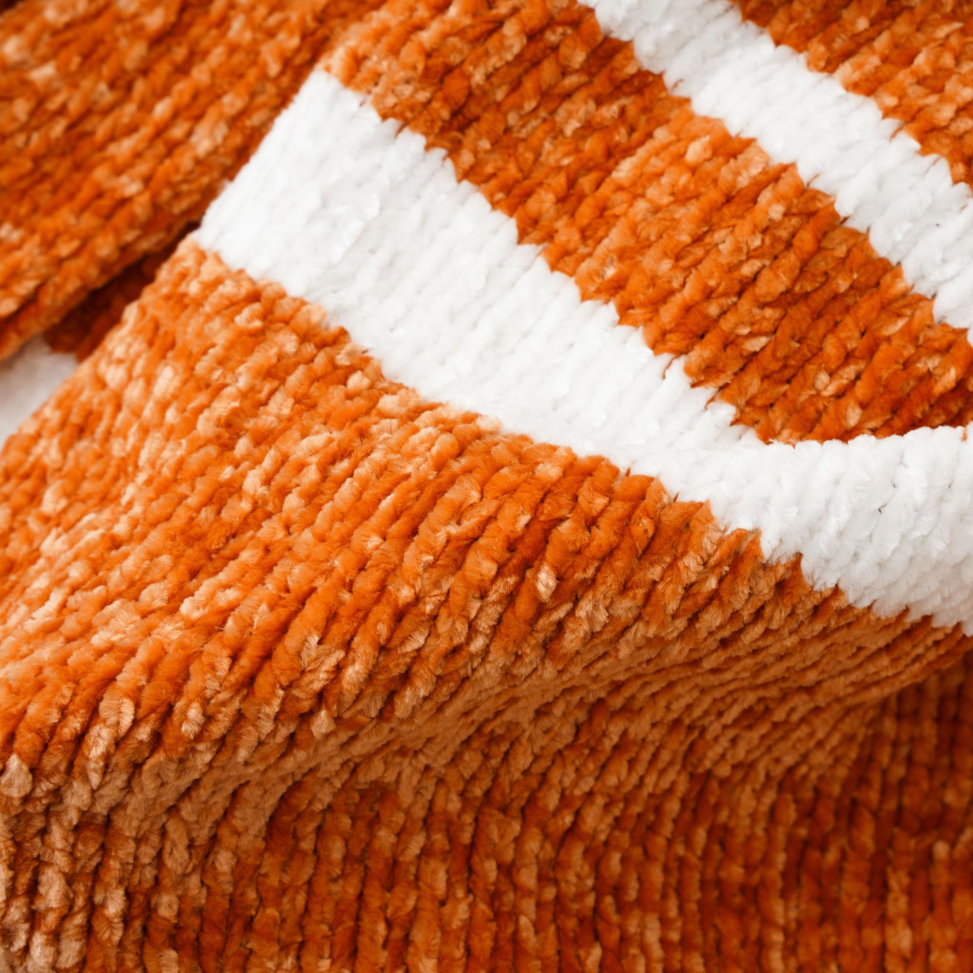 Burnt Orange & White Striped Throw Blanket for Couch, Chenille Knit Blanket