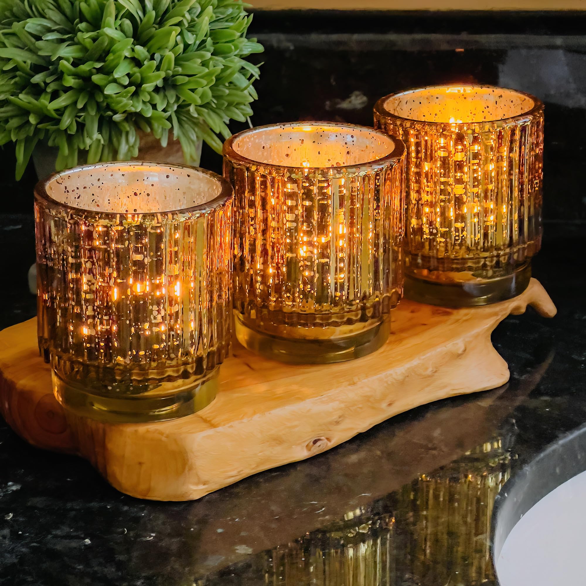 Gold Ribbed Glass Tealight Candle Holders