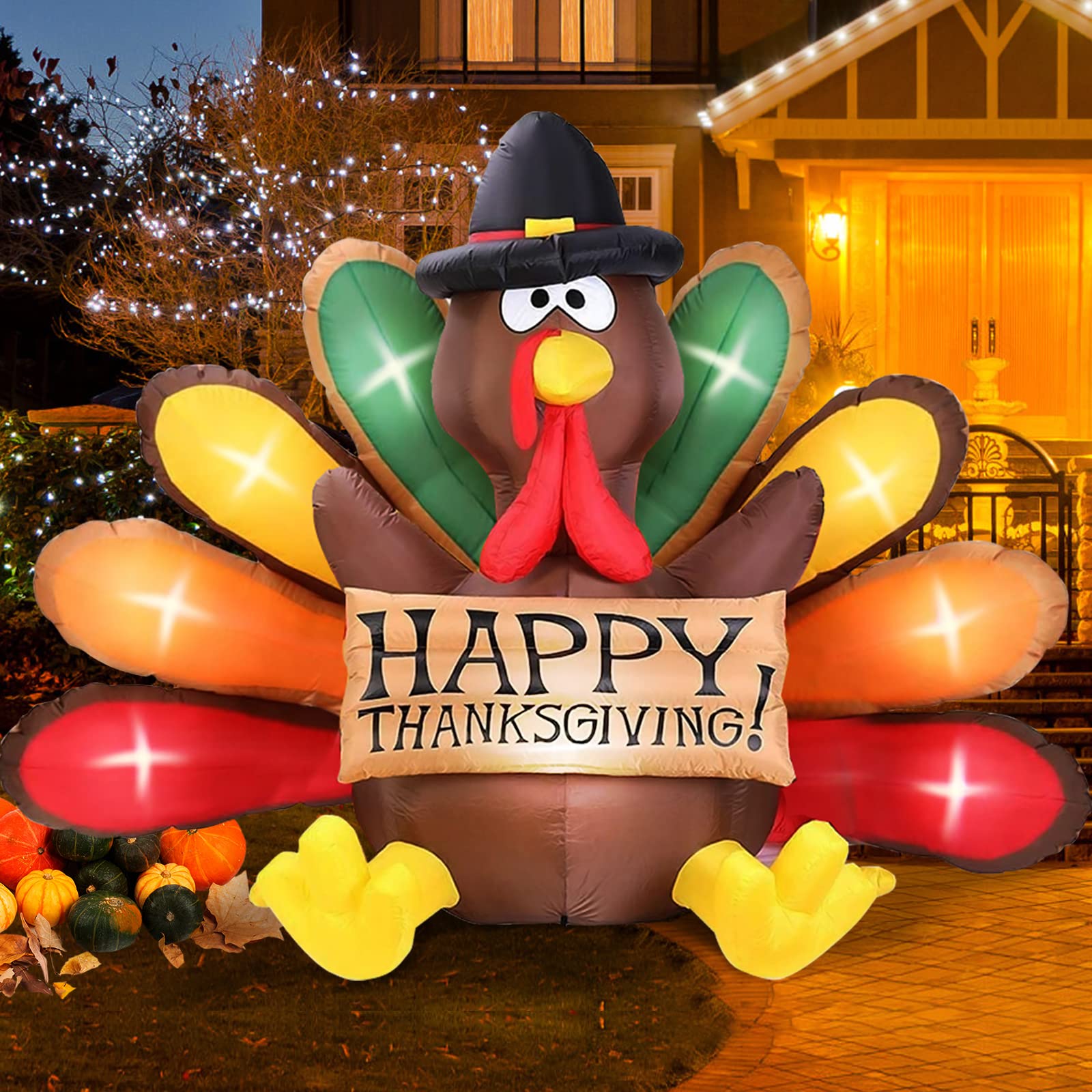 6FT Thanksgiving Inflatables Turkey Decor with Pilgrim Hat