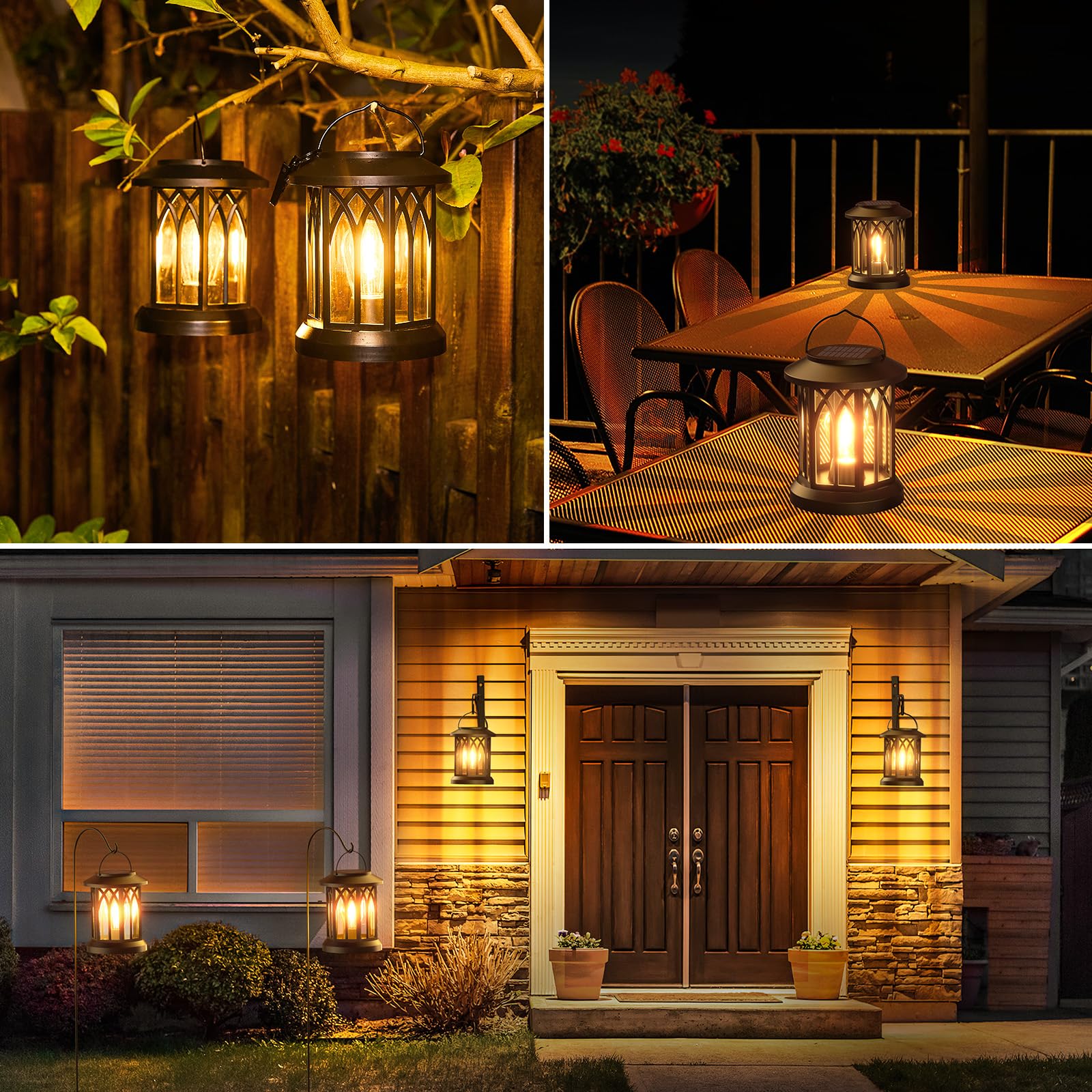 Collage of outdoor lanterns in various settings including a garden, patio, and house exterior.
