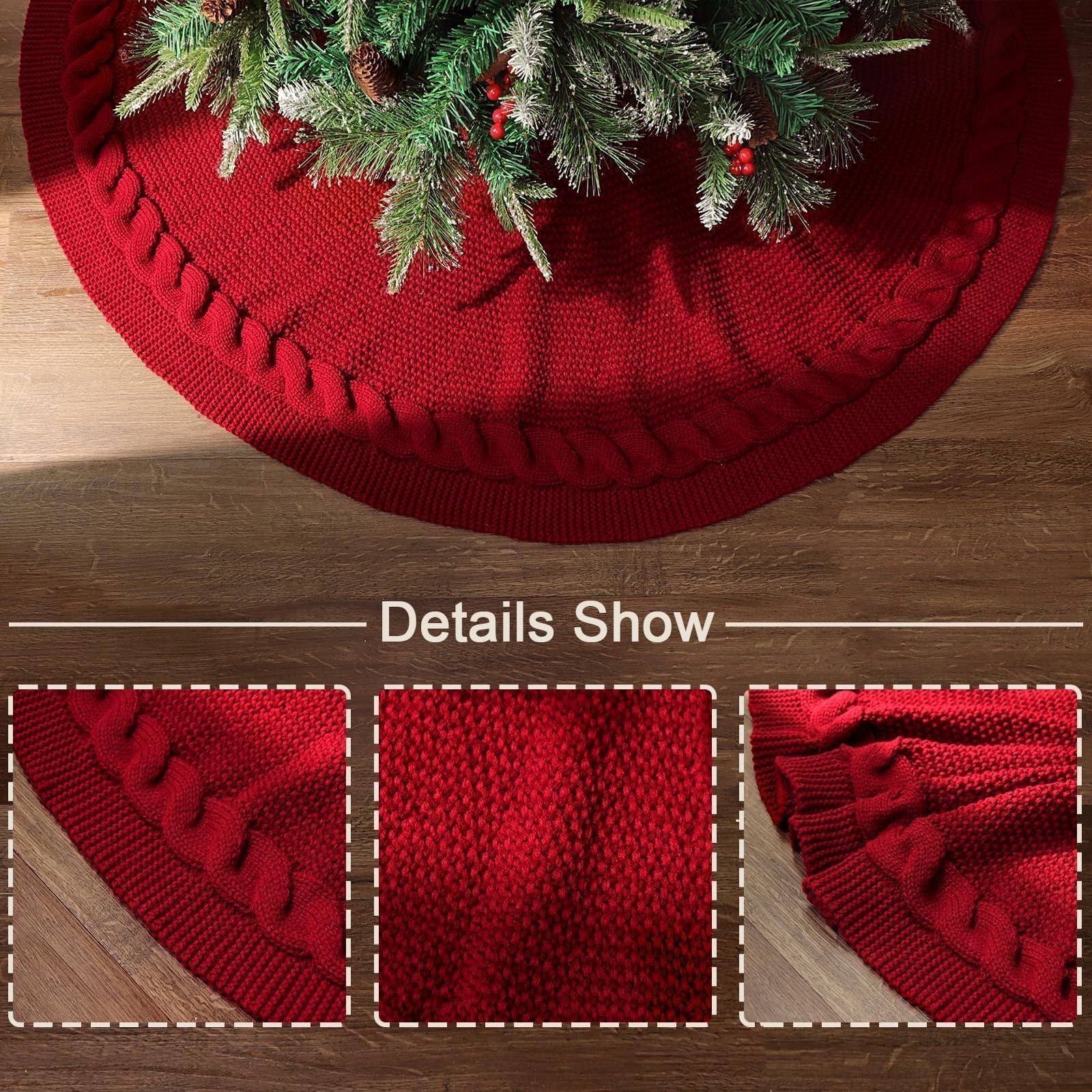 LimBridge Knitted Christmas Tree Skirt: 48 Inches Wine Red Tree Skirt, Chunky Cable Knit Thick Rustic Christmas Tree Decorations, Farmhouse Christmas Decor Xmas Holiday Home Party Decorations