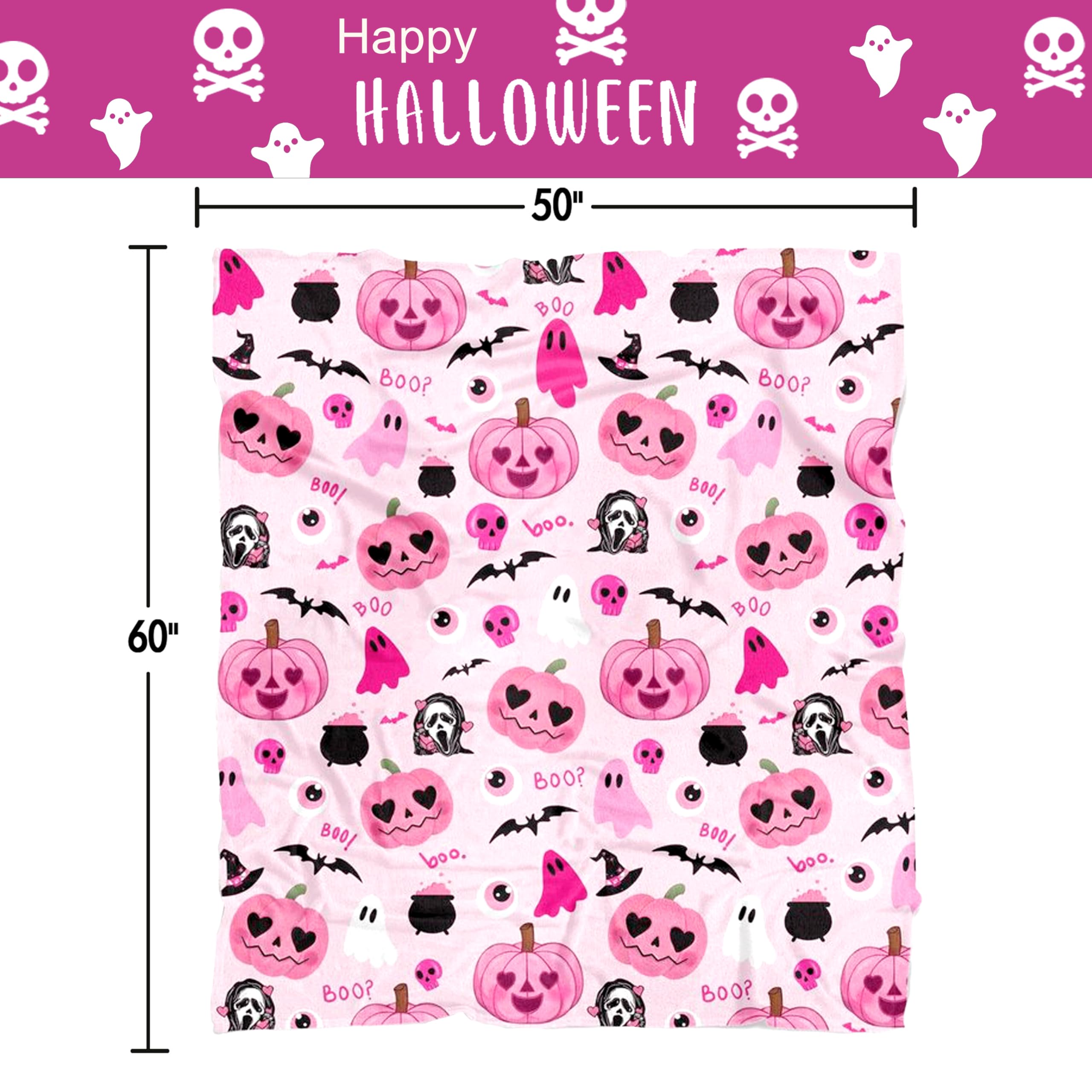 Halloween pink and black pattern blanket with pumpkins, ghosts, and bats on a white background with size info.