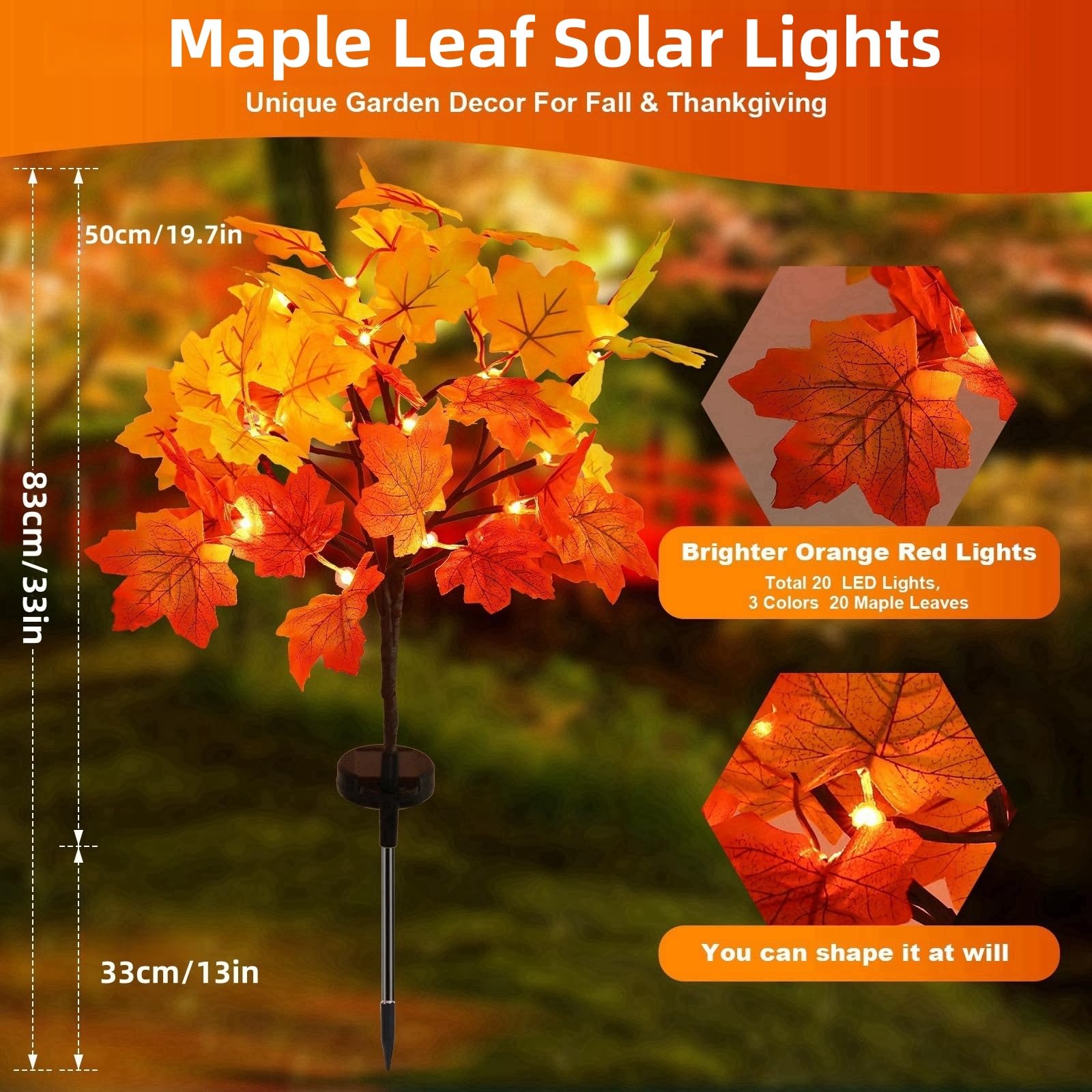 Maple leaf solar lights with dimensions and features on an orange background