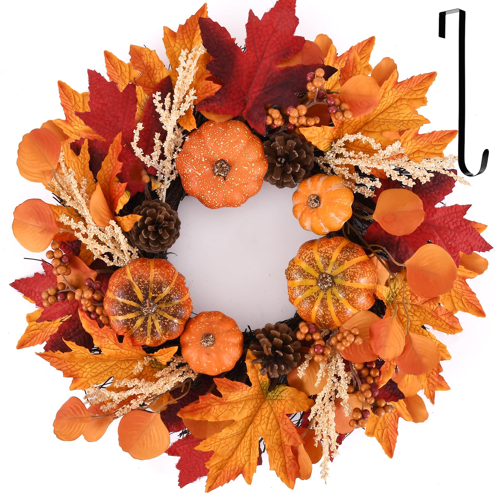 20 Inch Fall Wreath Decoration Leaf Pumpkin Pine Cone Berry Indoor/Outdoor