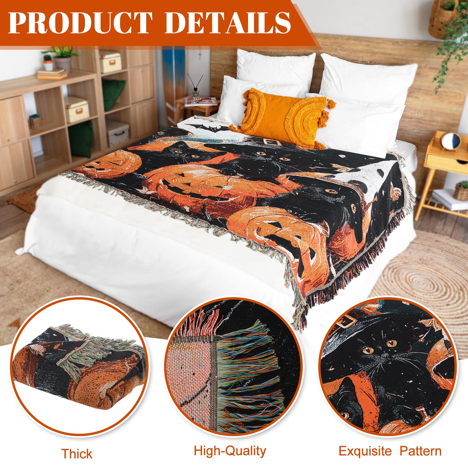 Halloween-themed blanket on a bed with close-up details of texture and design.