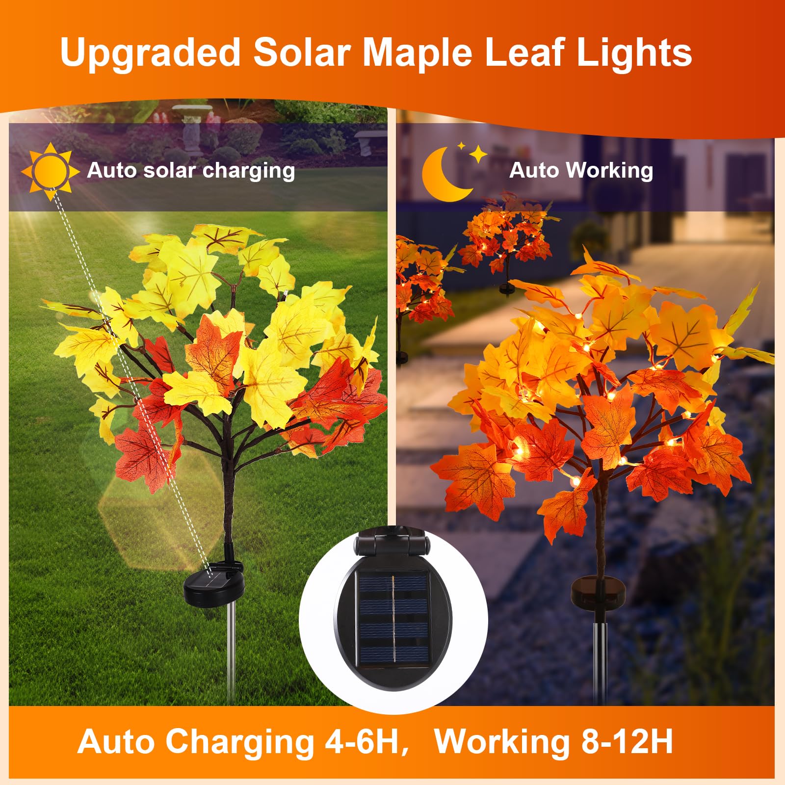 Solar Maple Leaf Lights with auto charging and working times displayed.