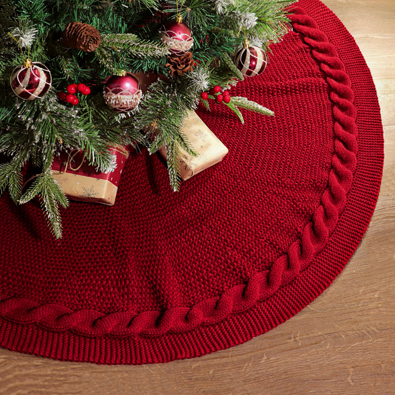 LimBridge Knitted Christmas Tree Skirt: 48 Inches Wine Red Tree Skirt, Chunky Cable Knit Thick Rustic Christmas Tree Decorations, Farmhouse Christmas Decor Xmas Holiday Home Party Decorations