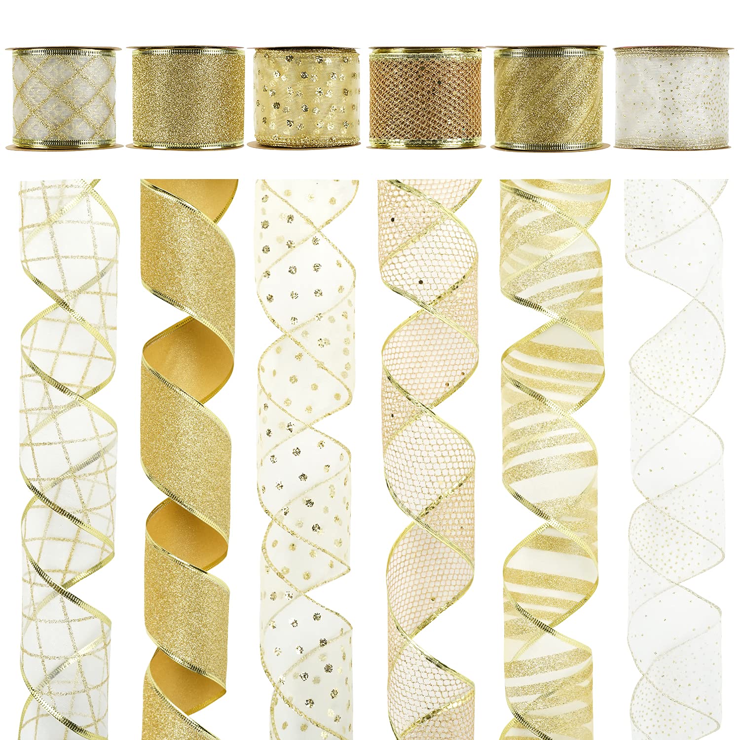 Gold and white mesh ribbons for Christmas trees