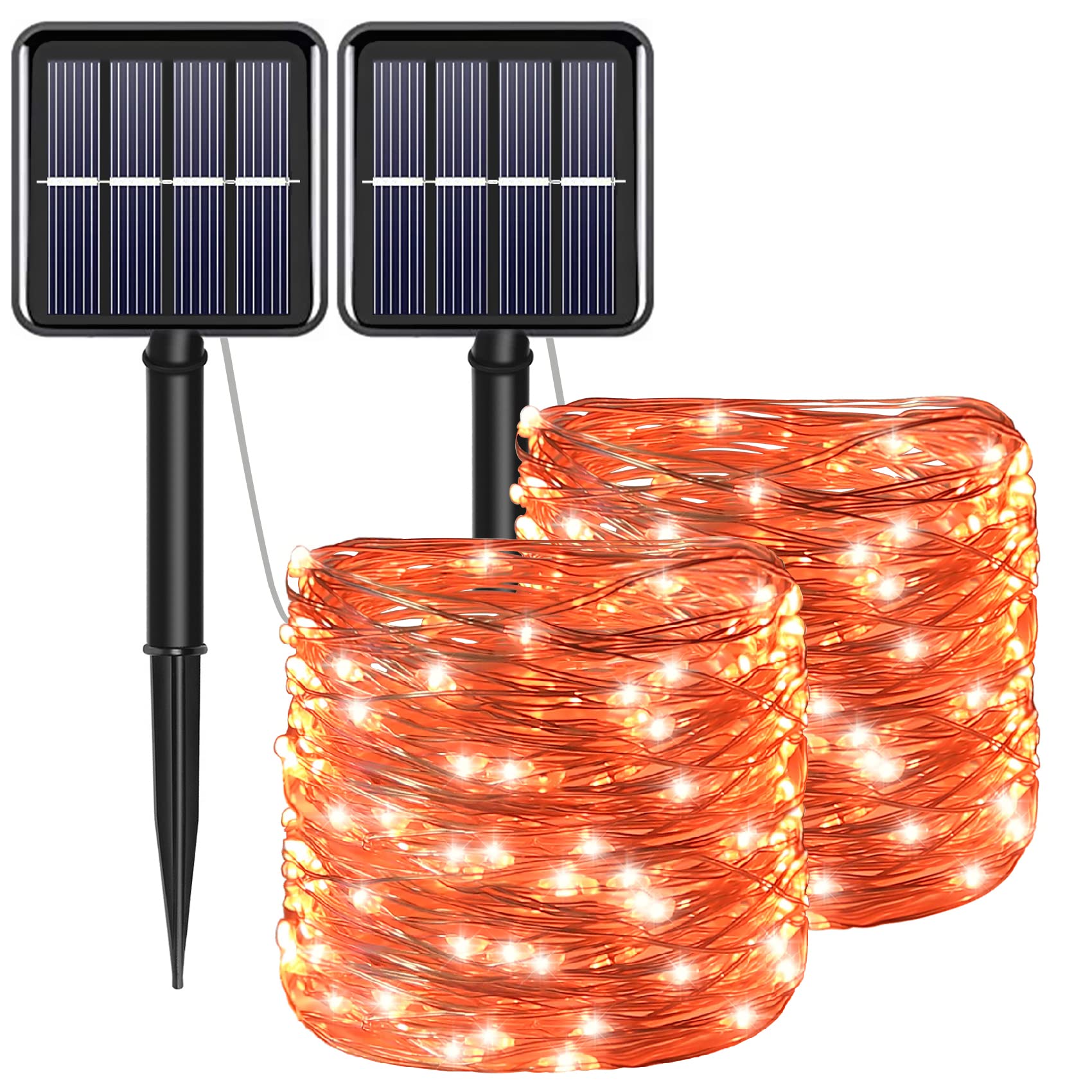 2Pack Solar Halloween Orange Copper String Lights, Total 200 LED