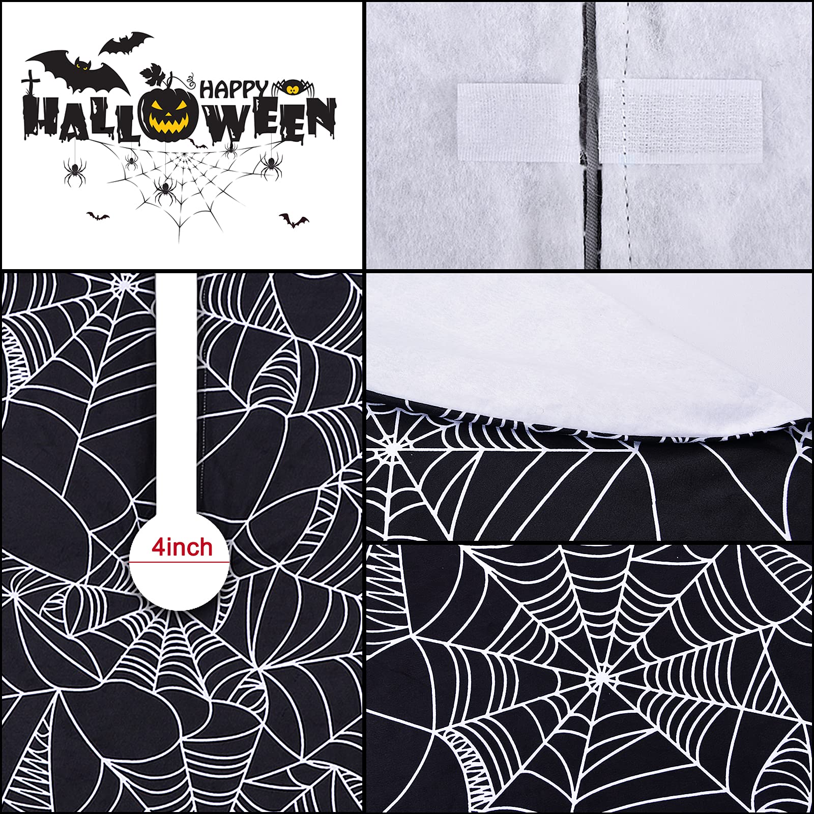 48” Spider Web Tree Skirt,  Black Halloween Tree Skirt for 6-7.5 ft Tree