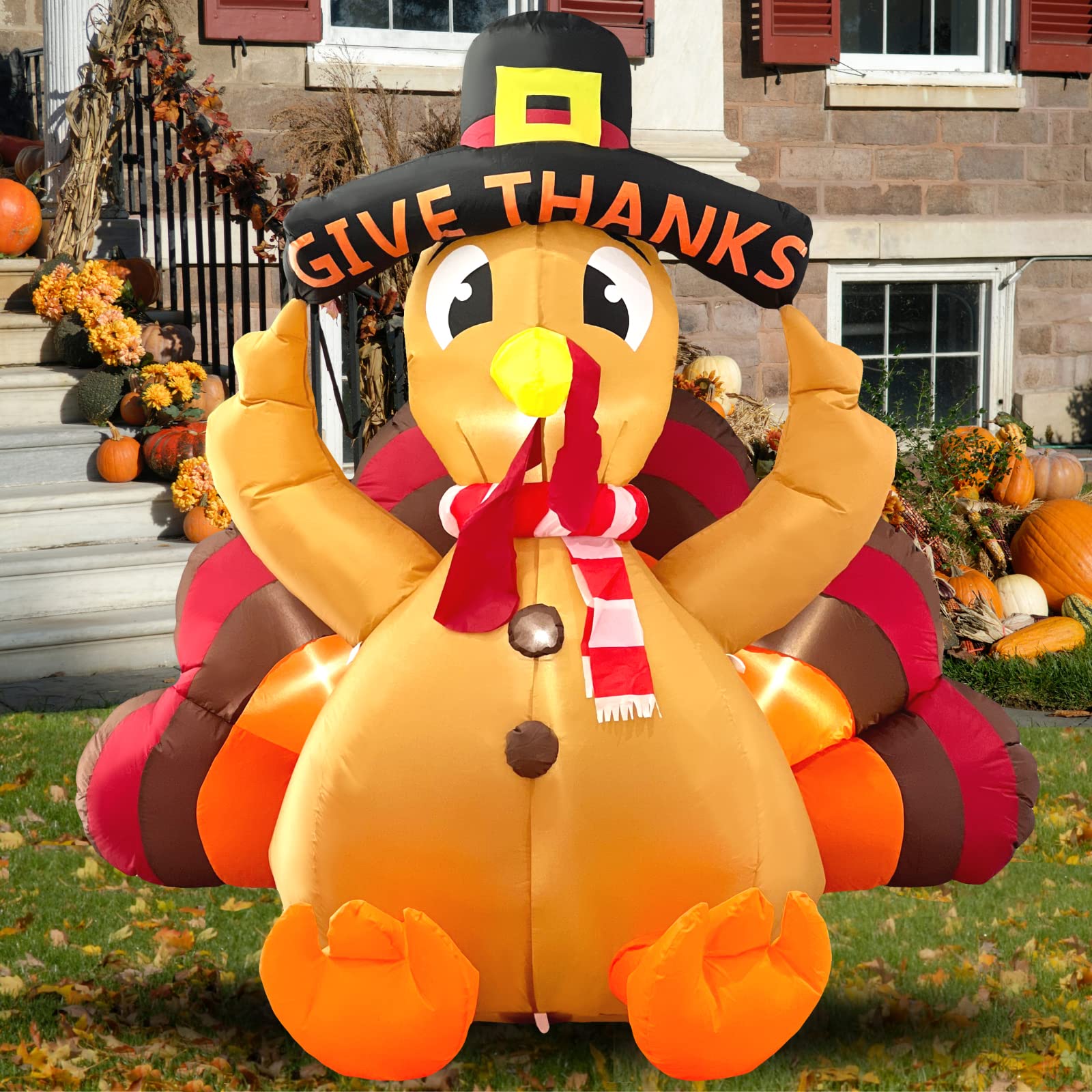 Buheco Thanksgiving Inflatable Turkey Lawn Decoration 6ft Giant Blow Up Turkey Inflatables Outdoor Yard Decorations with Pilgrim Hat Led Light for Happy Fall Holiday Indoor Outside Autumn Home Decor