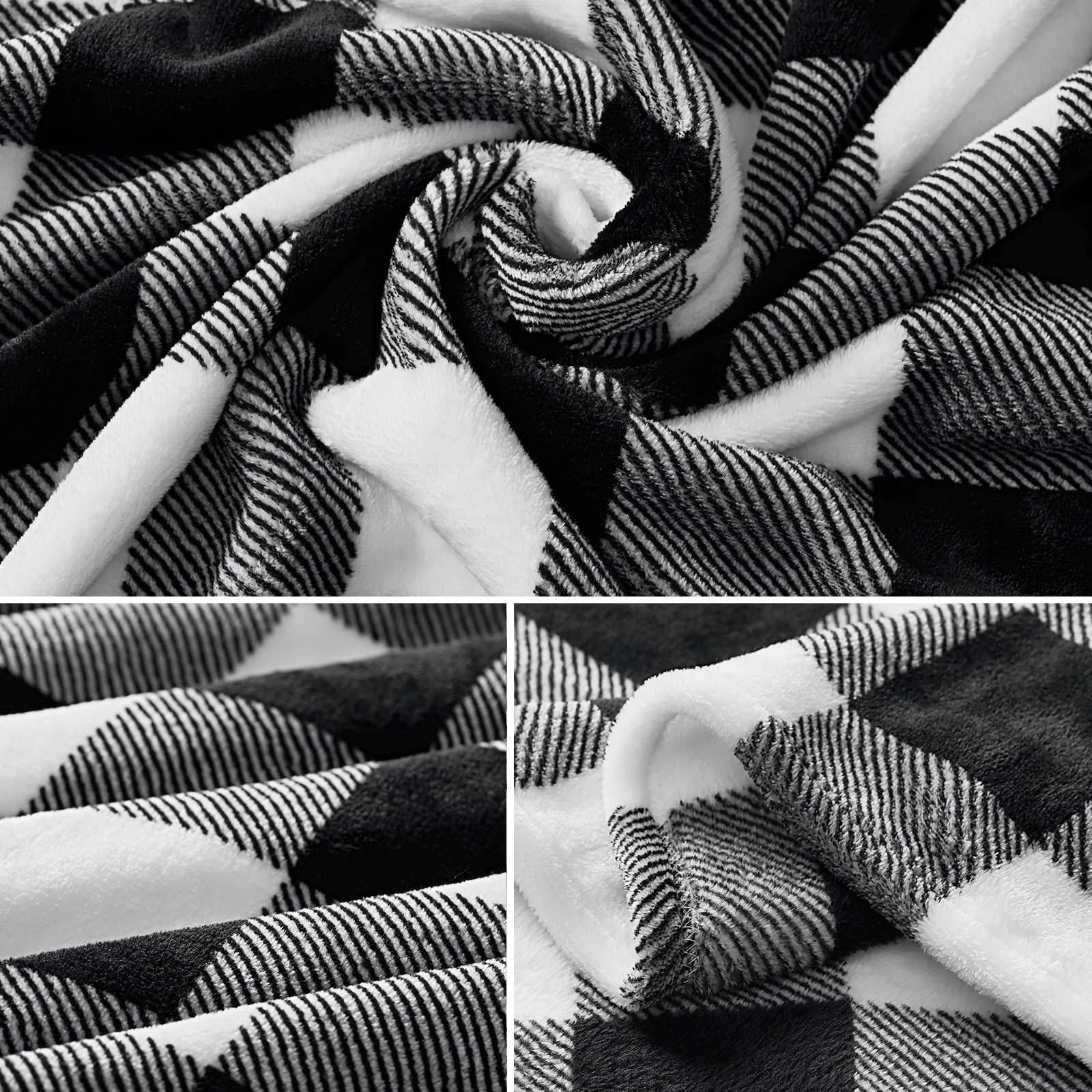 Close-up of black and white checkered fabric blanket with a focus on texture and pattern.