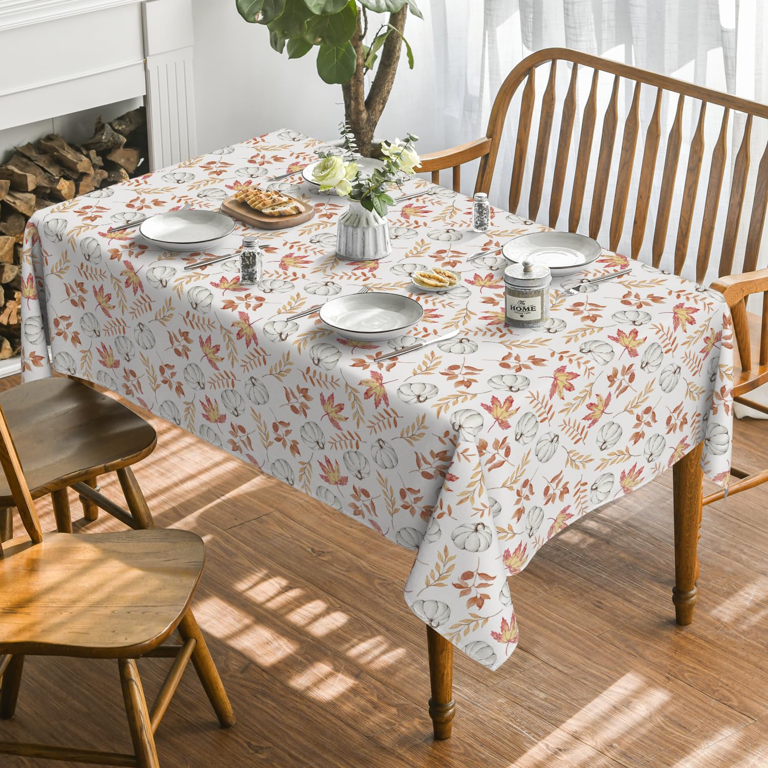 Fall Tablecloth, Thanksgiving Autumn Harvest White Pumpkin Orange Leaf