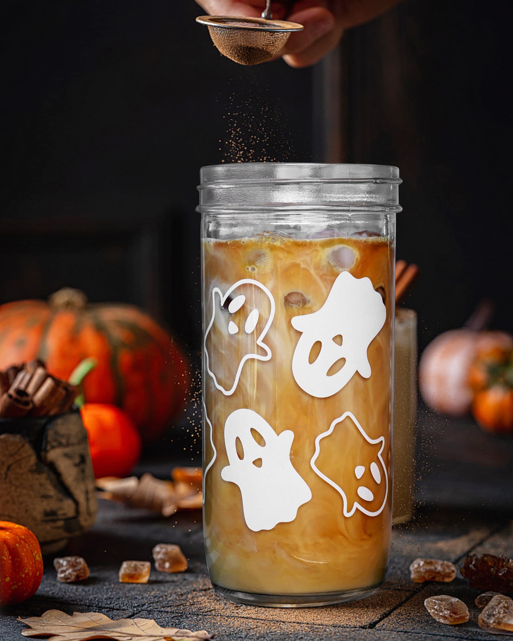 Ghost Halloween Cups, 24oz Glass Cups with Lids