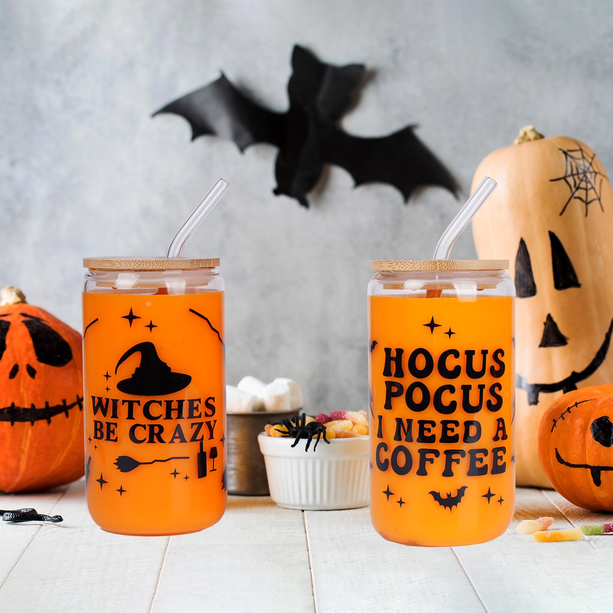 6 Pc Halloween Can Glass with Bamboo Lid 16oz